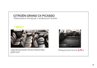 24
Образцовый интерьер и модульный дизайн
CITROЁN GRAND C4 PICASSO
7 МЕСТ
УВЕЛИЧЕННОЕ ПРОСТРАНСТВО
ДЛЯ НОГ
Погрузочная длина 2,75 м
 