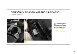 25
CITROЁN C4 PICASSO и GRAND C4 PICASSO
Практичность
До 16 секций и
отделений для
мелких вещей
+ 40 литров
 