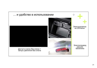 31
Доступ в салон без ключа +
Запуск двигателя без ключа
Электропривод
крышки
багажника
Электророзетка
на 230 вольт
… и удобство в использовании
 