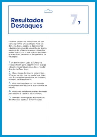 77
Um bom sistema de indicadores educa-
cionais permite uma avaliação mais fun-
damentada das escolas e dos sistemas
educacionais, visando a garantia do direito
à educação, e favorece que os diferentes
atores envolvidos possam promover ações
que resultem na melhoria da qualidade da
educação:
1. Os beneficiários (pais e alunos) e a
sociedade em geral podem cobrar explica-
ções dos responsáveis quando os resulta-
dos são desfavoráveis;
2. Os gestores do sistema podem iden-
tificar as escolas que necessitam de inter-
venção e aquelas que devem servir como
exemplo de boas práticas;
3. Instrumento valioso no processo de
planejamento de escolas e dos sistemas de
ensino;
4. Possibilita o estabelecimento de metas
para escolas e sistemas educacionais;
5. Permite a investigação dos impactos
de diferentes políticas e intervenções.
Resultados
Destaques
 