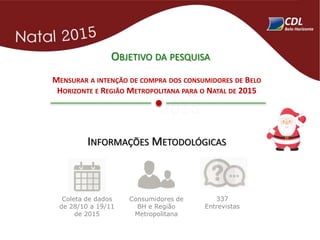 OBJETIVO DA PESQUISA
MENSURAR A INTENÇÃO DE COMPRA DOS CONSUMIDORES DE BELO
HORIZONTE E REGIÃO METROPOLITANA PARA O NATAL DE 2015
INFORMAÇÕES METODOLÓGICAS
Coleta de dados
de 28/10 a 19/11
de 2015
337
Entrevistas
Consumidores de
BH e Região
Metropolitana
 