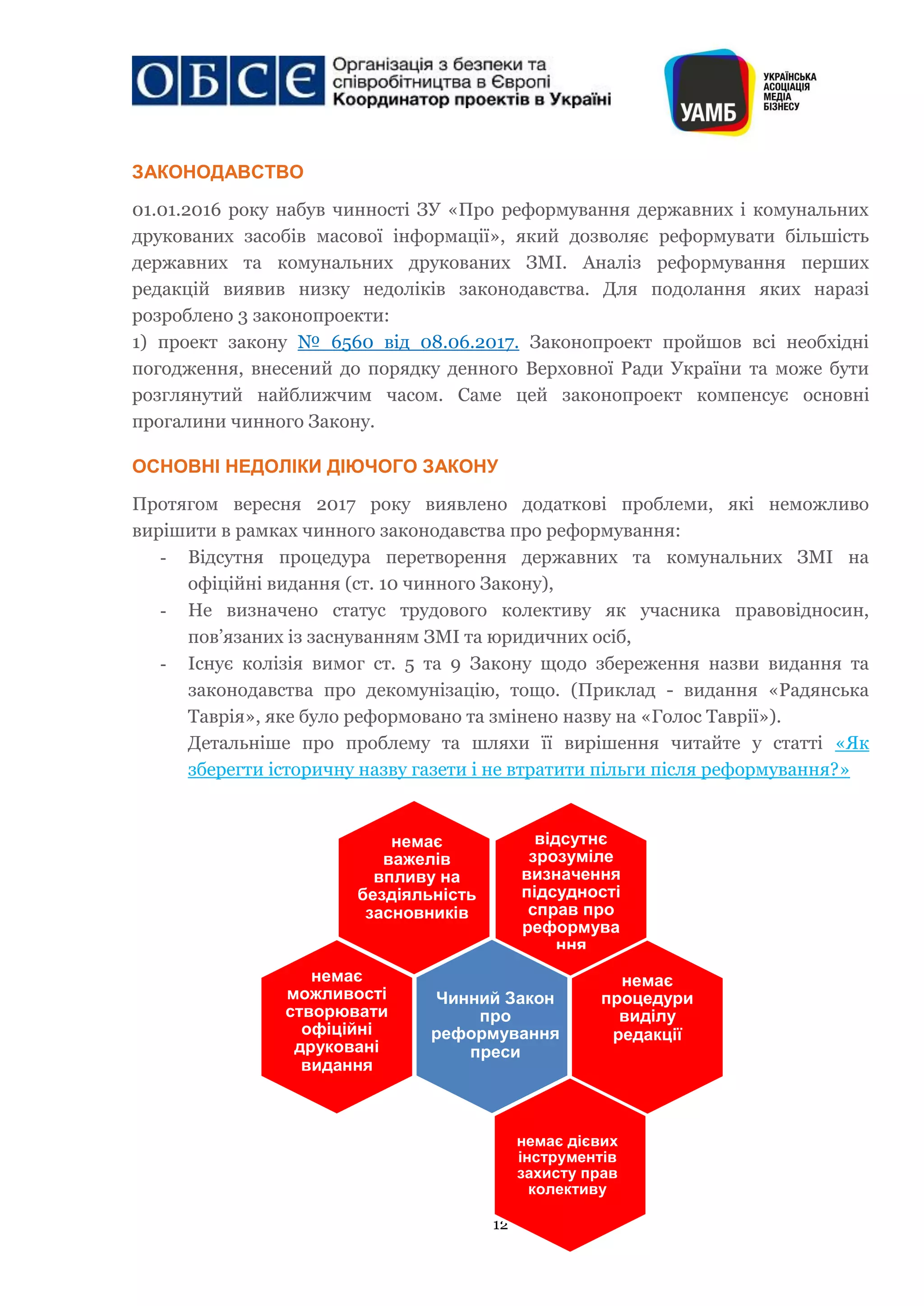 12
ЗАКОНОДАВСТВО
01.01.2016 року набув чинності ЗУ «Про реформування державних і комунальних
друкованих засобів масової інформації», який дозволяє реформувати більшість
державних та комунальних друкованих ЗМІ. Аналіз реформування перших
редакцій виявив низку недоліків законодавства. Для подолання яких наразі
розроблено 3 законопроекти:
1) проект закону № 6560 від 08.06.2017. Законопроект пройшов всі необхідні
погодження, внесений до порядку денного Верховної Ради України та може бути
розглянутий найближчим часом. Саме цей законопроект компенсує основні
прогалини чинного Закону.
ОСНОВНІ НЕДОЛІКИ ДІЮЧОГО ЗАКОНУ
Протягом вересня 2017 року виявлено додаткові проблеми, які неможливо
вирішити в рамках чинного законодавства про реформування:
- Відсутня процедура перетворення державних та комунальних ЗМІ на
офіційні видання (ст. 10 чинного Закону),
- Не визначено статус трудового колективу як учасника правовідносин,
пов’язаних із заснуванням ЗМІ та юридичних осіб,
- Існує колізія вимог ст. 5 та 9 Закону щодо збереження назви видання та
законодавства про декомунізацію, тощо. (Приклад - видання «Радянська
Таврія», яке було реформовано та змінено назву на «Голос Таврії»).
Детальніше про проблему та шляхи її вирішення читайте у статті «Як
зберегти історичну назву газети і не втратити пільги після реформування?»
немає
важелів
впливу на
бездіяльність
засновників
відсутнє
зрозуміле
визначення
підсудності
справ про
реформува
ння
немає
процедури
виділу
редакції
немає
можливості
створювати
офіційні
друковані
видання
немає дієвих
інструментів
захисту прав
колективу
Чинний Закон
про
реформування
преси
 