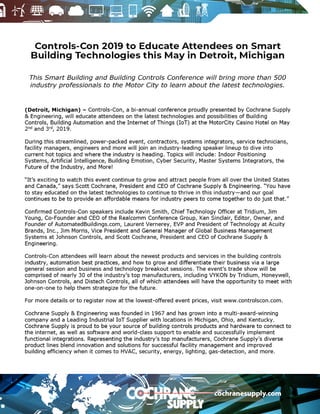 Controls-Con 2019 to Educate Attendees on Smart Building Technologies in Detroit, Michigan
