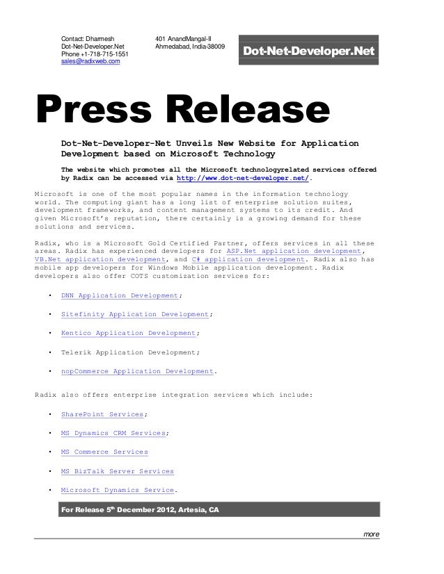 press release about dot net developers website launch