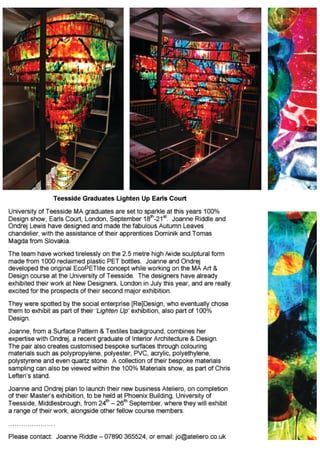 Press Release Pre-100% Design with [re]design's Lighten Up exhibition