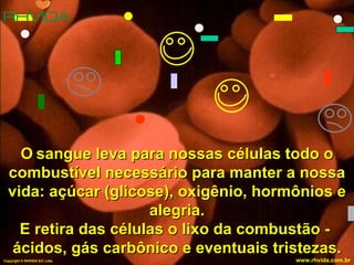 O sangue leva para nossas células todo o
  combustível necessário para manter a nossa
  vida: açúcar (glicose), oxigênio, hormônios e
                      alegria.
    E retira das células o lixo da combustão -
   ácidos, gás carbônico e eventuais tristezas.
Copyright © RHVIDA S/C Ltda.            www.rhvida.com.br
 