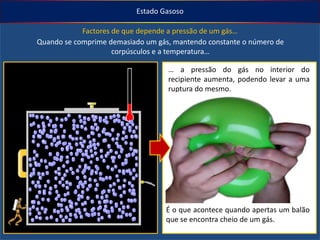 Estado Gasoso

Factores de que depende a pressão de um gás…
Quando se comprime demasiado um gás, mantendo constante o número de
corpúsculos e a temperatura…
… a pressão do gás no interior do
recipiente aumenta, podendo levar a uma
ruptura do mesmo.

É o que acontece quando apertas um balão
que se encontra cheio de um gás.

 