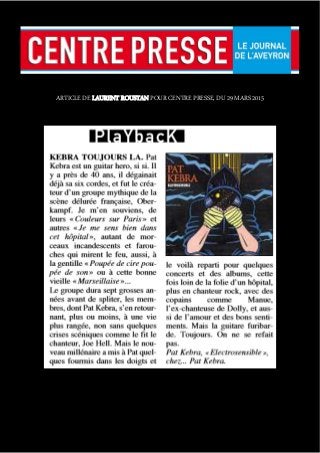 ARTICLE DE LAURENT ROUSTAN POUR CENTRE PRESSE, DU 29 MARS 2015
 