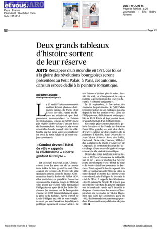 Date : 19 JUIN 15
Pays : France
Périodicité : Quotidien Paris
OJD : 314312
Page de l'article : p.29
Journaliste : Éric Biétry-
Rivierre
Page 1/1
CARRE5 9058634400506Tous droits réservés à l'éditeur
Deux grands tableaux
d'histoire sortent
de leur réserve
ARTS Rescapées d'un incendie en 1871, ces toiles
àlagloiredesrévolutionsbourgeoisesseront
présentées au Petit Palais, à Paris, cet automne,
dansunespacedédiéàlapeintureromantique.
ERICBIETRY-RIVIERRE
ebietryrivierre(â>lefigaro fr
L
e 23 mai 1871 des communards
mettent le feu a plusieurs bâti-
ments publics de Paris, dont
l'Hôtel de ville Parmi les de-
cors ne subsistent que huit
panneaux monumentaux, a thèmes
mythologiques, conçus au XVIIIe
siecle
par Hubert Robert pour l'ancien hôtel
de Beaumarchais Récupères, six seront
reinstalles dans le nouvel Hotel de ville,
tandis que les deux autres rejoindront,
en 1902, le Petit Palais ou ils sont tou-
jours conserves
« Combat devant l'Hôtel
dè ville » rappelle
la célébrissime « Liberté
guidant le Peuple »
Est-ce tout7
Pas tout a fait Demeu-
raient dans les reserves de ce musee
trois toiles de tres grand format Elles
avaient ete retirées de l'Hôtel de ville
quèlques annees avant le drame Com-
mandées dans la foulée de Juillet 1830,
elles mettaient en parallèle Lamartine
repoussant le drapeau rouge a l'Hôtel de
ville, peint par Henri Felix Emmanuel
Philippoteaux apres 1848, les Trois Glo-
rieuses (au moment ou la bourgeoisie
s'arme) et 1789 (immédiatement apres
la prise de la Bastille) Apres le rejet de
Louis-Philippe en 1848 et son rempla-
cement par une Deuxieme Republique a
politique également conservatrice, de
tels thèmes n'étaient plus de mise Iro-
nie du sort, ce changement de cap a
permis la preservation des œuvres du-
rant la « semaine sanglante »
Le 19 septembre, a l'occasion des
Journees du patrimoine, le Petit Palais
présentera deux de ces tableaux, pas vus
depuis la fin des annees 1980 Celui de
Philippoteaux, difficilementaménagea-
ble au Petit Palais et juge moins beau,
n'a pas bénéficie d'un tel traitement
Restaures grâce au mecenat de la ga-
lerie Mendes et du Fonds de dotation
Carre Rive gauche, ce sont des chefs-
d'œuvre oublies de deux maîtres de la
peinture d'histoire, Paul Delaroche et
Jean-Victor Schnetz Avec des Boilly,
Gericault, Delacroix, Couture, Millet et
des sculptures de David d'Angers et de
Carpeaux, ils formeront le cœur de l'ac-
crochage d'une nouvelle galerie rouge
consacrée a la période romantique
Delaroche a mis neuf ans pour ache-
ver en 1839 ces Vainqueurs de la Bastille
sur 16 m2
- avec le modere La Fayette
porte en triomphe vers l'Hôtel de ville
et le front ceint d'une couronne de lau-
riers Pour sa part Schnetz exposait des
1833 ce Combat devant l'Hôtel de ville a la
suite duquel le même La Fayette avait
convaincu Louis-Philippe de devenir le
chef de l'Etat II rappelle la célébrissime
Liberte guidant le Peuple Et il n'est pas
interdit de voir dans le garçon expirant
sur la barricade tandis qu'il brandit le
drapeau tricolore une des sources d'ins-
piration du Gavroche de Victor Hugo
Bien que dans Les Misérables, paru en
1862, ilfait mourir sonpersonnage pen-
dant l'insurrection republicaine de juin
1832 •
 