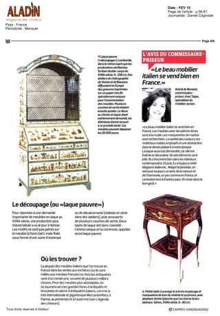 Date : FEV 15
Pays : France
Périodicité : Mensuel
Page de l'article : p.56-61
Journaliste : Daniel Cagnolati
Page 6/6
CARRE5 4508282400502Tous droits réservés à l'éditeur
•4 Laque pauvre
(«découpage»), Lombarde,
dans te même esprit que les
productions vénitiennes
Scriban double-corps du
Xviiie siecle. H . 238 crn Des
ateliers de chalcographie
de Venise et de Bassano
diffusaient en Europe
des gravures imprimées
sur un papier tres fin
spécialement conçues
pour l ornementation
des meubles Plusieurs
couches de vernis etaient
ensuiteposées Le dècor
au chinois en laque étant
extrêmement demande, les
ébénistes durent recourir
a ce procède sèriel Ces
meubles peuvent depasser
les SO 000 euros
Ledécoupage(ou«laquepauvre»)
Pour repondre a une demande
importante de meubles en laque au
xviiie siecle, une production plus
industrialisée a vu le jour à Venise
Les motifs ne sont pas peints sur
le meuble (a fond clair), mais fixes
sous forme d une sorte d estampe
ou de décalcomanie (réalises en serie
dans des ateliers), puis recouverts
de plusieurs couches de vernis Deux
types de laque ont donc coexiste
l aristocratique et la commune, appelée
aussi laque pauvre
Oùlestrouver?
La plupart des meubles italiens que l on trouve en
France dans les ventes aux enchères (ou ils sont
mêles aux meubles français) ou chez les antiquaires
sont d un certain prix souvent de plusieurs milliers
d'euros Pour des meubles plus abordables on
se tournera vers les grandes foires d antiquites et
brocantes et salons d'antiquaires italiens, comme la
tres internationale etgigantesque Mercanteinfiera, a
Parme, au printemps et a l automne (voir L'Agenda
des chineurs)
L'AVIS DU COMMISSAIRE-
PRISEUR
«Le beau mobilier
italien se vend bien en
France.»
Astrid de Benoist,
commissaire-
pnseurchezTaian,
spécialiste du
mobilier ancien.
«Le beau mobilier italien se vend bien en
France Les meubles avec des pierres dures
sonia la mode Les marqueteries de marbre
sont recherchées La variété des couleurs les
materiaux nobles employes et une abstraction
dans le dessin plaisent a notre epoque
La laque aussi est demandée, car elle est
fraîche et dècorative De tels elements sont
jolis Ils s inscrivent bien dans les interieurs
contemporains Etpuis, tiya toujours cette
élégance italienne Maigre la fantaisie, on
retrouve toujours un sens de la mesure et
de l harmonie, unpeu comme en France, et
contrairement a d autres pays On reste dans le
bongoût»
A Pet/te table a ouvrage et a ecrire en placage et
marqueterie de bois de violette et sycomore, avec
abattant, tirette (planche que l on tire) et tiroirs
latéraux Gènes, Xviiie siecle H 80cm
 