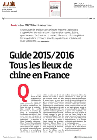 Date : OCT 15
Pays : France
Périodicité : Mensuel
Page de l'article : p.46-48
Journaliste : Daniel Cagnolati
Page 1/3
CARRE5 4168435400508Tous droits réservés à l'éditeur
Dossier / Guide 2015/2016 des lieux pour chiner
Les goûts et les pratiques des chineurs évoluent, Les lieux où
s'approvisionner subissent aussi des transformations. Salons,
groupements d'antiquaires, brocantes : faisons un point complet sur
les lieux de chine en France, selon leur qualité, leurs spécialités et
Spécificités, .TEXTE DANIELCACNOLATI.
Guide 2015/2016
Tous les lieux de
chine en France
ue peut-on
attendre de l'otfre
des quartiers et des
villes d'antiquaires
ou encoie des
rentres commerciaux spécialisés 7
Les encheres constituent-elles une
bonne piste pour le particulier ?
Que reste-t-il des marchés
hebdomadaires de brocante 7
Que
penser du déeloppement des
manifestations spécialisées 7
Faut-il
encore croire aux ide-greniers et
aux biocantes associant amateurs et
professionnels ' Que deviennent les
salons d antiquaires traditionnels à
I heure d'Internet "" Comme les autres
secteurs économiques, le marché des
ob)ets anciens et des antiquités vit
une profonde mutation bouleversant
les habitudes et les certitudes des
chineurs (et des marchands ') Si
acheter un objet sans le voir est
désormais une réalité, la pratique
reste cependant limitée sauf pour
dc petites sommes ou entre gens
qui se connaissant L'information,
grâce à ce même Internet, abreuve
collectionneurs et amateurs devenus
de plus en plus connaisseurs  point
de se passer des professionnels 7
Sur
le teriam le maiché s'est spécialisé, la
clientèle est devenue plus exigeante
«L'achat tendance» ou coup de
coeur est moins fréquent Placer des
faux est devenu moins facile On
ne s'en plaindra pas Le marché a
changé, il n'est m pire, ni meilleur,
simplement différent l'aisons le
point sur les principaux lieux de
chine, temporaires et permanents,
généralistes et spécialisés
On ne s'en plaindra pas Le
marché a changé, il n'est ni pire, ni
meilleur, simplement différent Le
collectionneur et l'expert qui sont
parfois les mêmes personnes louent
un rôle dc plus en plus grand La
maichandise a destination des classes
moulines autrefois très dominante,
occupe une place moindre et ses prix
se sont tasses pres une période cle
restructuration, l'offre s'est stabilisée
et paifois même redéplo>ée Près
nombreux sont encore les lieux de
chine en France Quelqu'un qui
n'aurait pas connu la surabondance
de la fin des années 1990 pounait
même encore dire «je ne savais pas
qu'il existait tant de possibilités, que
ce marché était si vaste»
Nous avons fait le point sur les
principaux lieux de chine, phoques
et virtuels, temporaires et permanents,
généiahstes et spécialisés •
 
