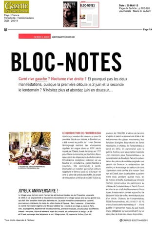 Date : 29 MAI 15
Pays : France
Périodicité : Hebdomadaire
OJD : 25019
Page de l'article : p.262-265
Journaliste : Marie C. Aubert
Page 1/4
CARRE5 8352714400501Tous droits réservés à l'éditeur
PAR MARIE G AUBERT AUBERTSGAZEnE OROUOT COM
BLOC-NOTESCarré rive gauche ? Nocturne rive droite ? Et pourquoi pas les deux
manifestations, puisque la première débute le 2 juin et la seconde
le lendemain ? N'hésitez plus et abordez juin en douceur...
LE BOUDOIR TURC CHÂTEAU DE FONTAINEBLEAU
© CHATEAU DE FONTAINEBLEAU RMN
JOYEUX ANNIVERSAIRE !
LE BOUDOIR TURC DE FONTAINEBLEAU
Apres sept années de travaux, et pour la
premiere fois de son histoire, le Boudoir turc
a été ouvert au public le 11 mai Dernier
témoignage existant des «turquenes
royales» en vogue dans un XVIIIe
siecle
inspire par l'Orient, il avait ete conçu en 1777
pour Marie-Antoinette par les freres Rous-
seau Apres lesdispersions révolutionnaires,
'impératrice losephine redonne vie au
boudoir en y installant sa « petite chambre a
coucher» File commande a Jacob-
Desmalter un mobilier garni d'un velours
rappelant le fameux goût «a la turque» et
orne la piece de precieuses étoffes Le projet
de restauration a eté lancé en 2007 Grâce au
Le Village suisse doit son nom a l'ancien lieu attribué aux Helvètes lors de I Exposition universelle
de 1900 À cèt emplacement se trouvaient la reconstitution d'un village typique ainsi qu'une grande roue,
qui allait faire sensation durant plus de trente ans Le projet immobilier contemporain a conserve,
pour ses cours interieures, les noms des villes choisies a l'époque - Bern, Lausanne. . L'association
du comite d animation organise une fête pour célébrer les 115 ans de ce village au cœur de Paris,
avec, au programme, exposition de voitures anciennes, animation musicale, circuits autour de différents
thèmes : antiquités, bijoux et orfèvrerie, objets de curiosité, art contemporain et design Les 30
et 31 mai, vernissage dans les galeries le soir Village suisse, 78, avenue de Suffren, Paris XVe
soutien de l'INSEAD le decor de lambris
sculptes et peints a retrouve son eclat et les
mécanismes des glaces mouvantes, leur
fonction dorigine Pour reunir les fonds
nécessaires, le château de Fontainebleau a
lancé en 2012 en partenariat avec la
galerie Aveline, une souscription baptisée
«Des mecenes pour Fontainebleau» La
reconstitution du Boudoir à Paris et la presen-
tation des pièces de mobilier originales ont
permis de financer la restauration des
textiles, et le retissage du velours de soie
L'opération a éte confiée a la maison Tassi-
nan et Chatel, dont la veloutiere a patiem-
ment tissé, pendant quinze mois, les
26 mètres d'étoffe Conduite par Vincent
Cochet, conservateur du patrimoine au
château de Fontainebleau, et Patrick Ponsot,
architecte en chef des Monuments histo-
riques, la restauration permet aujourd'hui de
découvrir l'éclat de ce lieu fermé depuis plus
d'un siècle Château de Fontainebleau,
77300 Fontainebleau, tel OI 60 71 50 70,
wwwchateaudefontainebleau fr - Visite
guidée (H personnes maxi), tlj sauf mardi,
réserv obligatoire sur www.cultival fr ou sur
place, dans la limite des places disponibles
 