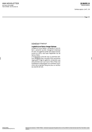21 RUE LERICHE
75015 PARIS - 01 48 42 90 00
09/22 MAI 14
Bimensuel
Surface approx. (cm²) : 572
N° de page : 29
Page 1/3
PARISTRIBAL
0804310400501/CLA/ARL/2
Eléments de recherche : PARIS TRIBAL : événement regroupant 26 galeries d'art, du 03 au 06/04/14 à Saint-Germain-des-Prés, Paris 6ème, toutes
citations
Galerie? Marché de Tort
déséquilibre persistant
La manifestation annuelle du quartierdeSaint-Germain-des-Prés, qui, depuis l'an dernier,
souhaite mettre en exerguetrois spécialités, ne parvient pas à une représentation équilibrée
ART SAINT-GERMAIN-
DES-PRÉS, du 22 au 25 mai,
dans 51 galeries du quar-
tier de Saint-Germain-des-
Prés, Paris, www.artsaintger
maindespres.com.
PARIS • L'association Art Saint-
Germain-des-Prés, qui organise
depuis quinze ans un événement
au printemps, se bat pour dyna-
miser le quartier. Selon Georges-
Philippe Vallois, président du
Comité professionnel des galeries
d'art, « il est important de se fédé-
rer et de créer l'événementà un mo-
ment où il semble difficile d'attirer
le public et les médias en dehors
desfoiresetdesventespubliques».
Avis que partage le président de
l'association, Jean Pierre Arnoux :
«ttfaut promouvoir Saint-Germain
et ses activités et participer aux ef-
forts deceuxqui veulentredonner
à Paris laplace qu'elle méritesur le
marchéde l'artetqu'elleaperdue
depuis longtemps. » Le thème re-
tenu se veut lui aussi fédérateur :
« Les Valeurs sûres » permet à
chaque galeriste de défendre ce
qu'il considère comme une valeur
sûre, que ce soit un artiste, une pé-
riode, un mouvement, une ethnie,
un objet, une spécialité...
Cette année cependant, la concur-
rence seressentfortement. Depuis
l'an passé, le conseil de direction
souhaite mettre en exergue, non
pas la diversité du quartier mais
trois spécialités (art moderne et
contemporain, archéologie et art
tribal, arts décoratifs et design),
mais l'écart se creuse entre ce
qui est proposé sur le papier et la
réalité. « Hy a une relative défail-
lance de nos adhérents dans deux
secteurs, en design mais surtout
en art tribal car de nombreuses
opportunités s'offrent aux mar
chands de ces spécialités. C'est la
concurrence. Que puis-je y faire ?»,
déplore Jean-Pierre Arnoux.
Concernant l'art tribal, le galeriste
fait allusion à Paris Tribal, lancé
en avril. Les marchands de ce sec-
teur, qui participent déjà à deux
manifestations (avec le Parcours
des mondes), ne peuvent en ali-
menter une troisième. Restent
pourtant fidèles à l'événement,
les galeries Alain Bovis, Mermoz,
Meyer et Furstenberg. Cette der-
nière montre une grande urne du
dieuCocijoMais-Serpent,enterre
cuite,Mexique,culturezapotèque,
1000 apr. J.-C.
Participation en baisse
Surle plan des arts décoratifs et du
design,«noussommesmieuxéqui
pés», indiqueJean PierreArnoux,
même si manquent à l'appel L'Arc
en Seine et Jousse Entreprise. La
galerie Yves Gastou, nouvel adhé-
rent, présente « Dancing Stone »,
de Gerard Kuijpers, soit des blocs
 
