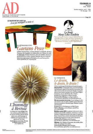 45 RUE DE PARIS
95747 ROISSY CDG CEDEX
FEV/MARS 14
Bimestriel
OJD : 266365
Surface approx. (cm²) : 526
N° de page : 104
Page 1/1
DESSIN
1365709300509/GOP/AHN/2
Eléments de recherche : SALON DU DESSIN : manifestation dédiée au dessin de collection, du 26 au 31/03/14 au Palais de la Bourse à Paris 2e,
toutes citations
De haut tri bin Dessin Hérétique Daniel Dcicu?c, 2005 Galerie Bernard Cey;,son
DrawmgNcm- La connaissancepar l'obstacle, Damien Marchal, 2013
Galerie des petits carreaux, DDessm Untiiled, Dan Shaw Town, 2011, DDessin
Dessine-moi
U N M O U T O N
All in line
Paris ebi la capitale mondiale du dessin. Cette année,
trois salons réunissent 140 galeries spécialisées.
ln March, Pant becomes the world capital of drawing,
with three art /airs hosting sortie 140 specïahzed galeries.
D'KUROPE, des Etats-Unis et de Corée, les fleurons historiques ou actuels
des arts dc la ligne et dc l'ombre affluent vers les salons parisiens Remis
au goût du jour depuis une dizaine d'années, jusque dans, les écoles d'art
occidentales les plus branchées, le dessin n'en finit pas de séduire toujours
plus de collectionneurs (20 DOO visiteurs sont attendus ce printemps). Ni
de repousseï les limites de sa definition, en flirtant par exemple avec la
video ou le tatouage '
Si l'aspect classique millénaire du genre a tou|ours rendez-vous au fameux
Salon du dessin-qui depuis vingt-trois ans dévoile les rares belles feuilles de
maîtres anciens demeurées en mains privées-, voilà huit ans qu'un deuxième
salon, DiawmgNo», présente des oeuvres récentes, détonantes, virtuoses ou
radicales. Traqueur de "protocoles autres", Philippe Piguet, qui en est Ic
directeur artistique, fait cette année la part belle à l'art brut, à la bande
dessinée, au collage ou encore au noir de fumée. Pour sa part, la deuxième
édition de l'intime Salon DDessin mise sur de jeunes artistes, choisissant
des pages rares, en collaboration avec les collectionneurs Evelyne etJacques
Derct, férus dc mmimalisme Fédérés autour de ces trois présentations, des
musées et des galeries, réunis dans le cadre de parcours, organisent des expo-
sitions ; des spécialistes proposent des conférences et des tables rondes ;
des mécènes offrent des prix; des artistes s'adonnent a la performance. En
mars, adoptez à votre tour la dessin attitude. QI FRANÇOISE MONMN
PROM EUROPE, the US and as far away as South Korea, the
mavens of the art of line and shading are convergmg on
Pans. For a décade new, drawing has bean gaining popu-
lanty among collector (to the point that some 20,000 afi-
cionados are expected this spring) and pushmg the limits
of its definition by fitting with media like video and tattoos
While the Salon du Dessin has been unveiling rare pieces
by old masters for 23 years, Drawing Now is dedicated to
récent works, this year puttmg the accent on outsider art,
comics and collage Now in its second year, DDessin fea-
tures young artists, making its selection with the collector
É and J Dere! whose faste tends towards mimmalism
Muséum and gallery exhibitions, lectures, roundtables,
award présentations and performances by artists will help
draw attention to an oft-neglected discipline DI
23' SALON DU DESSIN, du 26 au 31 mars. Palais Brongmart,
place de li Tîourse Fans TF www saloncludessin com
8' DRAWING NOW, du 26 au 30 mars, Carreau du Temple
et Espace Comprimes Paris lll' wwwdrawingnowparis com
2' DDESSIN, du 28 au it) mars 2014, Atelier Richelieu,
60, rue de Richelieu, Paris il' wwwddessinpans tr/2UH
 