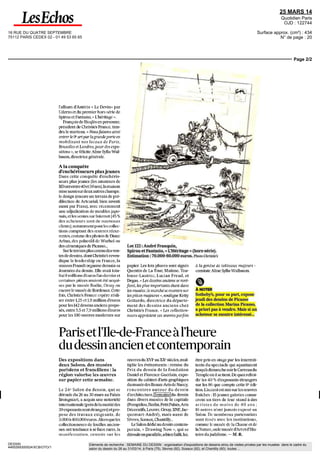 16 RUE DU QUATRE SEPTEMBRE
75112 PARIS CEDEX 02 - 01 49 53 65 65
25 MARS 14
Quotidien Paris
OJD : 122744
Surface approx. (cm²) : 434
N° de page : 20
Page 1/2
DESSIN
4465269300524/XCB/OTO/1
Eléments de recherche : SEMAINE DU DESSIN : organisation d'expositions de dessins et/ou de visites privées par les musées dans le cadre du
salon du dessin du 26 au 31/03/14, à Paris (75), Sèvres (92), Sceaux (92), et Chantilly (60), toutes ...
Christie^attaqueArtcurialsurlaBD,
l'undesesmarchésdeprédilection
MARCHÉ DE L'ART
Christie's réalise
une vente de bandes
dessinées d'envergure
internationale.
Un première
pour la maison
de François Pinault.
Martine Robert
mrobert@lesechos.jr
C'est aujourd'hui que Christie's
France inaugure sa saison desven-
tes de printemps, en présentant des
tableaux impressionnistes et
modernes dont elle espère 4,6 à
6,7 millions d'euros. La maison de
l'avenue Matignon mettra égale-
ment aux enchères demain des
œuvres anciennes et modernes sur
papieràl'occasiondel'ouverturedu
Salon du dessin au Palais Bron-
gniart et de Drawing New au Car-
reau du Temple. Mais elle est sur-
tout très attendue sur un terrain
nouveau : la bande dessinée. Un
segmentde marché oùArtcurial se
positionne en tête, avec 7 millions
d'euros de ventes en 2013, et où
Sotheby'ss'estessayéavecunsuccès
mitigé. Pour releverle défi, la mai-
son détenue par la famille Pinault
mettraenventele 5 avrilpas moins
de 362 lots présentés dans un cata-
logue très soigné et documenté, le
tout d'une valeur globale estimée
entre 3,16 et3,7millions d'euros.
Une fois n'est pas coutume, une
galerie a pris l'initiative de cette
vente « que nous voulons de dimen-
sion internationale », commente
OlivierSouillé, directeurde lagale-
rie Daniel Maghen, leader euro-
péen et précurseuren matière d'ori-
ginaux de bande dessinée. Quatre
courants sont représentés : les
auteurs historiques (Franquin,
Peyo, Jacobs,Will...), les nouveaux
classiques (Prat!, Moebius, Jardi,
Bilal...), lestalents émergents (Mai-
lle,Bruno,Vallée,Boiscommun...)
et les illustrateurs (Lacombe, Graf-
fet, Brizzi...). Avec, en pièces de
choix, les couvertures originales de
7MILLIONS D'EUROS
Le montant des ventes de BD
par Artcurial en 2013.
 