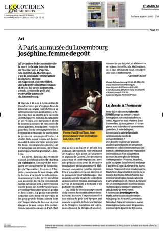 foire Salon du Dessin le quotidien de l’art / numéro 571 / mercredi 26 mars 2014
page
10
Le Salon du Dessin 
pas à pas
P a r A l e x a n d r e C r o ch e t
Victor Brauner, Composition, encre de Chine et aquarelle sur papier,
14 x 21 cm. © Brame & Lorenceau, Paris.
Nicolas De Staël, Composition, 1944, fusain gommé sur papier,
27,5 x 20,6 cm. © Applicat-Prazan, Paris.
Jean-François Millet, La Récolte des pommes de terre, crayon noir,
12,7 x 20,3 cm. © Galerie de Bayser, Paris.
Carl Johan Forsberg, Univers, 1915, plume et encre sépia, lavis coloré avec
rehauts de blanc, 36,8 x 53,4 cm. © Day & Faber, Londres.
Charles-Antoine Coypel, Étude d’Achille poursuivant les Troyens dans les eaux
du Scamandre, vers 1737, pierre noire et sanguine, mise au carreau,
39,5 x 29 cm. Galerie Éric Coatalem, Paris.
Alberto Giacometti, Portrait d’Emil Buri, 1918, encre sur papier,
25,8 x 20,2 cm. © Galerie Ditesheim & Maffei Fine Art, Neuchâtel.
 