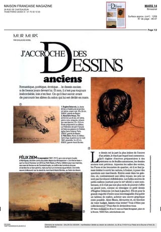 BP 9
69647 CALUIRE CEDEX - 04 78 23 58 75
MARS / AVR 14
Bimestriel
Surface approx. (cm²) : 1111
N° de page : 64-65
Page 2/2
DESSIN
8571839300507/CLA/ADC/2
Eléments de recherche : SALON DU DESSIN : manifestation dédiée au dessin de collection, du 26 au 31/03/14 au Palais de la Bourse à Paris 2e,
toutes citations
Repères
Cha les Le Brun Ftude d homme portan une 1 gure - Vers 670 bangu ne et era e b anche 28 6 x 21 8 cm Galer e de Bayser au
sa on du dess n 2014
Critères
et sensations
Au fait, e est quoi, un dessin extraordinaire ~>
« Cest celui qui cree un rapport special
lorsqu on est face a lui ou qu'on I a en
mains ll donne I impression qu'il est a la
fois sûr et spontané que chacune de ses
parties est la meilleure possible ll faut
aussi qu'il soit en bon etat de conservation
qu'il n'ait rien perdu de son allure initiale,
qu il ait conserve toutes ses nuances
Pour déceler un bon dessin I entraînement
est certes indispensable, maîs il s agit aussi
de garder confiance en son instinct Avec
un dessin, on a un rapport physique Au
premier contact, si on est ému, c'est qu'il
faut creuser »
Dessin ancien, dessin actuel, même com
bat ?
« Picasso, Matisse, les grands modernes ont
ete recherches des le début par les collec-
tionneurs du genre Même si ces derniers
traditionnellement traquent davantage
les œuvres datant de 1500 en Italie a 1900
en France Le dessin italien du XVI' siecle
est considère comme le plus fabuleux
Raphael Leonard, Michel-Ange, I âge d'or
le regal De telles signatures sont quasi-
ment toutes dans des collections publiques
désormais Maîs il demeure possible
d acheter un Andrea del Sarto ou un Fra
Bartolomeo Un tres beau dessin anonyme
de cette epoque se monnaye aux alentours
de 2000 €seulement, aujourd hui encore »
Un conseil pour s'aiguiser l'œil '
« Le dessin français romantique du XlX'sie
cle est une bonne porte d entree Ensuite
il faut faire son chemin a travers les exposi
tions les publications, et remonter vers le
néo-classicisme, puis le baroque, puis la
Renaissance »
Une explication du succes grandissant 7
« Le dessin est un art qui ne vieillit pas Un
dessin de Pontormo a côte d'un dessin de
Picasso, ça n'est pas choquant Comme I es-
quisse en terre cuite le dessin fait partie
des domaines qui ne sont pas trop dates Le
collectionneur d aujourd hui aime le spon-
tané et le personnel Or dans le dessin, I ar
tiste se met a nu, il travaille pour lui-même
sans voile de protection sociale
Lorsqu on manipule un dessin, on réalise
qu'il est parfois tellement libre qu'on a
I impression de voir la plume ou le crayon
en train de faire les pleins et les délies On
a la sensation d être témoin de la creation
Voire même d y participer »
www salondudessin com
I
I
Préhistoire En Europe les plus anciens
dessins conserves sur les parois des
cavernes datent d'il y a env ren 40 000
ans
Antiquité Des artisans représentent êtres
lieux et dieux a l'aide de traits Les sup
ports sont mineraux, vegetaux papyrus
ou animaux parchemin Des lignes daires
définissent des contons symboliques en
Égypte tandis que les Grecs représentent
les ombres simulent les volumes, ideah
sent les proportions Les Romains prête
rent le portrait real ste, et ut lisent des
pointes de metal sur de l'enduit
Moyen Âge Les formes simples consti
tuent la norme I Furope découvre le
papier et recopie des répertoires de
modeles chrétiens En Ch ne le dessin est
une pratique mystique théorisée destinée
a fa re corps avec I univers
Renaissance L artiste est considère
comme un in ellectuel et son dessin d'ob
servation comme un dessein ll triomphe
et les maîtres rvalisent de virtuoste
Architecture sculpture et peinture sont
les trois arts du dessin Le modele de
I Academie, cree par Vasar fait b entot
ecole dans toute l'Europe De g andes col
lections sont constituées afin dè préserver
fusains et sanguines
Baroque Le dessin v f triomphe moins
dest ne a cerner une forme qu a en st gma
tiser les palptâtons Rembrandt Guardi
Tepolo, Canaletto Watteau, Fragonard ou
Goya excellent préférant la plume a la
mine
Modernite I as de I académisme, nombre
d a listes remplacent la igné noire par la
tache colorée Quèlques personnalités
resistant tel Daumier, qu révolutionne la
caricature, ou Redon Seurat Degas, et
surtout Ingres pour qui « un dessin mou est
le dessin d un lâche Kandmsky enseigne
le dessin analytique Apprentissage de la
perception de I observation prec se et de Id
présentât on exacte non pas des appa
rences extérieures de I objet ma s de ses
elements ronstructifs de ses forces pro
pres ses lens ons »
Contemporains A partir de 1 940, la perver
sion de I idéal classique par les nazis
décourage les artstes occidentaux Les
exper mentations se mult plient faisant la
part belle a la spontané te et a l'inachevé
ment devenus cles allegores de la demo
cratie Le dessin classique ne retrouvera sa
liberte qu a la fin du XXe
s ecie
A lire Le dess er < Au secours i Le dessin
revient > in Artension n°106 (2011)
 