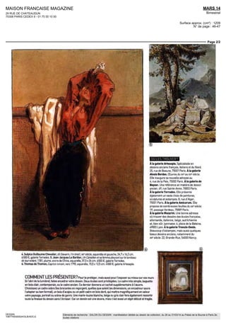 MAISON FRANCAISE MAGAZINE
29 RUE DE CHATEAUDUN
75308 PARIS CEDEX 9 - 01 75 55 10 00
MARS 14
Bimestriel
Surface approx. (cm²) : 1209
N° de page : 46-47
Page 1/2
DESSIN
1067749300524/GLB/ADC/2
Eléments de recherche : SALON DU DESSIN : manifestation dédiée au dessin de collection, du 26 au 31/03/14 au Palais de la Bourse à Paris 2e,
toutes citations
Ml IP Ml IRS
PAR GUILLAUME MOREL
J'ACCROCHI DES
LJEssnssanciens
Romantique, poétique, erotique... le dessin ancien
a dè beauxjours devant lui. Et non, iln'est pas toujours
inabordable, loin s'en faut. Ce qu'il faut savoir avant
de parcourir les allées du salon qui lui est dédié en mars
®
1. Eugène Delacroix, Lejeune
Bnnte, a Chariot pres la barriere.
xixe
siecle, crayon noir, 20 x 26 cm
5000 e galerie de Bayser
2. Alexandre Messe, Téte
defemmevuededos,Xix1
siècle,
pierre noire sanguine, rehauts
de craie blanche, 22 x 15 5 cm
Etude préparatoire au tableau
Là Prédication de saint François
de Sales aux paysans du Châtiais,
eglise Saint-Sulpice Pans
3000 e galerie de Bayser
3. Félix Ziem, Rome ie château
Saint-Ange, le peintre sur le motif,
1849, aquarelle, 16 x 22 cm
» 8500 €, galerie Alexis Bordes
FELIX ZIEM Cepaysagistell821-1911), qui a son propre musée
à Martigues, est bien connu du public depuis la rétrospective « J'ai rêvé le beau »
qui l'a mis à l'honneur en 2013 au Petit Palais, à Pans. Célèbre pour ses marines,
ses vues de Venise ou de Constantinople, ce maître des lumières douces
et dorées fut un bon peintre, maîs surtout un immense aquarelliste Une belle
œuvre à découvrir sur le stand du marchand Alexis Bordes, au Salon du dessin
L
e dessin est la part la plus intime de l'œuvre
d'un artiste, le tracé parlequel tout commence.
Qu'il s'agisse d'œuvres préparatoires à des
peinturesoudefeuillesautonomes,lesdessins
anciens sont précieux. Arpentez les salles des ventes,
les Puces et les brocantes de quartier, où il ne faut ja-
mais hésiter à ouvrir les cartons, à fouiner, à poser des
questions aux marchands. Entrez aussi dans les gale-
ries, où, contrairement aux idées reçues, les prix ne
sontpasforcementrédhibitoircs. Lesbelles œuvresde
petits maîtres (surtout pour le xixe
siècle) y sont nom-
breuses, etiln'estpasnonplus excludepouvoirs'offrir
un grand nom, comme en témoigne ce petit dessin
d'Eugène Delacroix (enhautàgauche). S'il estpourla
grandemajorité d'entre nousinenvisageable d'acquérir
un tableau de maître, acheter une oeuvre graphique
reste possible. Alorsflânez,découvrez et, en fonction
de votre budget, laissez-vous tenter! Vous n'étiez pas
collectionneur? Peut-être le deviendrez-vous.
23e
Salondudessin, du26 au31 marsauPalais Brongniart, place de
la Bourse, 75002 Pans salondudessin com
 