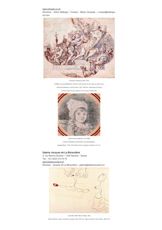 Lucian Freud (1922-2011)
À pied jusqu’au bureau Cray on Conté sur papier, 224 x 141mm.
Galerie de Bayser
​69, rue Sainte-Anne – 75002 Paris – Paris
Tél. : +00 33 (0)1 47 03 49 87
www.debayser.com
Directeurs : Louis et Matthieu de Bayser – galerie@debayser.com
Charles Le Brun (1619-1690) Étude d’homme portant une f igure
Sanguine av ec des rehauts de craie blanche, 286 x 218 mm.
​​Jean-François Millet (1814-1875) La Récolte des pommes de terre Cray on noir, 127 x 203 mm.
Bellinger-Colnaghi
15 Old Bond Street – London W1S 4AX – Angleterre Tél. : +00 44 207 491 74
08
 