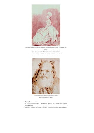 Wif redo Lam (1902-1982) Untitled, 1942-43
Recto réalisé en 1942 et v erso en 1943. Gouache sur papier, 1 090 x 746 mm.
Signé, daté et inscrit au recto en bas au centre : Wif redo Lam 1942 La Habana.
Galerie Berès
​25, quai Voltaire – 75007 Paris – France
Tél. : +00 33 (0)1 42 61 27 91 <
www.galerieberes.com
Directrice : Annisabelle Berès – beres@galerieberes.com
​Josep Santilari (né en 1959) Nature morte au gobelet Dessin au cray on, 310 x 338 mm.
Signé et daté en bas à droite Josep Santilari 2013.
W.M. Brady & Co
​22 East 80th Street – 3rd-4th floors – New York 10075 – États-Unis
Tél. : +00 1 212 249 7212
Directeur : Mark Brady / Contact : Laura Bennett – laura@wmbrady.com
 