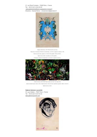 Christiana Soulou Sans titre, 2006 . Graphite sur papier, 310 x 230 mm. Crédit photo : Bernier/Eliades, Athènes
Galerie Karsten Greve
​5, rue Debelleyme – 75003 Paris – France
Tél. : +00 33 (0)1 42 77 19 37
www.galerie-karsten-greve.com
Directeur : Karsten Greve – galerieparis@karstengreve.fr
​​Fausto Melotti (1901-1986) . Sans titre, 1960
Tempera et pastel sur papier, 698 x 999 mm. Courtesy Galerie Karsten Grev e Paris, Köln, St. Moritz
Matthias Weischer (né en 1973) Sans titre, 2004
Fusain et cray on sur papier, 180 x 245 cm. Courtesy Galerie Karsten Grev e Paris, Köln, St. Moritz
Galerie Chantal Kiener
 