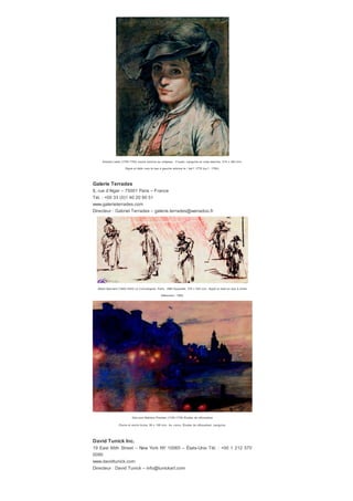 Joaquim Mir (1873-1940) Pay sage : L’Aleixar,
1907-1913 Pastel, 450 x 610 mm.
Talabardon & Gautier
134, rue du Faubourg-Saint-Honoré – 75008 Paris – France Tél.: +00 33 (0)1
43 59 13 57
Directeurs : Bertrand Gautier et Bertrand Talabardon –
talabardon.gautier@wanadoo.fr
Charles Filiger (1862-1928) La Légende de l’éternité
ou Christ portant sa croix ou Hommage à Richard Wagner, 1905-1907
Gouache sur plusieurs f euilles de papier assemblées, 372 x 238 mm. Signé en bas à droite FILIGER.
Localisé et daté en bas à gauche POULDU 1905 - GOUAREC 1907.
Au v erso, de la main de l’artiste, l’inscription Hommage à Richard Wagner et, sur une étiquette, l’inscription FILIBERT
(sic).
 