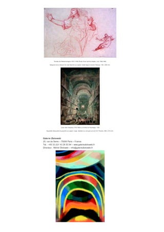 Antoine Lebel (1705-1793) Jeune homme au chapeau . Fusain, sanguine et craie blanche, 515 x 420 mm.
Signé et daté v ers le bas à gauche antoine le / bel f .1776 (ou f . 1764).
Galerie Terrades
​8, rue d’Alger – 75001 Paris – France
Tél. : +00 33 (0)1 40 20 90 51
www.galerieterrades.com
Directeur : Gabriel Terrades – galerie.terrades@wanadoo.fr
Albert Besnard (1849-1934) La Conciergerie, Paris, 1885 Aquarelle, 370 x 550 mm. Signé et daté en bas à droite
ABesnard / 1885.
Giov anni Battista Piranesi (1720-1778) Études de silhouettes
Plume et encre brune, 90 x 195 mm. Au v erso, Études de silhouettes, sanguine.
David Tunick Inc.
19 East 66th Street – New York NY 10065 – États-Unis Tél. : +00 1 212 570
0090
www.davidtunick.com
Directeur : David Tunick – info@tunickart.com
 