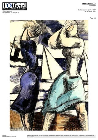 11 RUE MARTEL
75010 PARIS - 01 40 20 98 42
MARS/AVRIL 14
Bimestriel
Surface approx. (cm²) : 1737
N° de page : 6-11
Page 3/6
DESSIN
6685749300501/CLA/OTO/2
Eléments de recherche : SALON DU DESSIN : manifestation dédiée au dessin de collection, du 26 au 31/03/14 au Palais de la Bourse à Paris 2e,
toutes citations
Nicolas DE STAÈL (1914 1955) ComposHon 1944 Fusain gomme sur pap er H 2 7 5 x L 206mm
Courtesy Galerie Applicat Prazan Photo Xavier Grandsart, ÔADAGP Pare 2013
Le challenger branche :
Drawing now
Pendant résolument contemporain au Salon
du dessin, Drawing now s'offre en 2014 un nouveau
souffle exit le Carrousel du Louvre, ou l'événement
était implante depuis quatre ans Pour sa 8e
edition, le
salon du dessin contemporain affirme si besoin était son
positionnement résolument pointu et s'installe au cœur
du Marais Contrairement aux annees précédentes, il se
distribuera du 26 au 30 mars sur deux lieux d'exposition
ll y a d'abord le Carreau du Temple, dont la nouvelle
configuration, sur deux étages, permet d'accueillir 71
galeries, parmi lesquelles figurent les galeries Jean
Fournier, Lelong, Catherine Putman, Vidal-Saint Phalle,
Frédéric Moisan Agnès B , Christophe Gaillard, Eva
Hober, Suzanne Tarasieve ou Christian Berst A l'étage,
dans la section INITIAL, seront ainsi présentées celles
dont c'est la premiere participation Drawing now investit
également l'Espace Commmes, ou seront rassemblées
15 jeunes galeries internationales Chacune d'elles est
invitée a faire decouvrir le travail d'un artiste émergent
Sous la houlette de Philippe Piguet, directeur artistique,
l'édition 2014 se tourne résolument vers le street art
Le 28 mars, la Drawing nightsera ainsi marquée par la
projection sur la façade du Carreau du Temple de Traces
directs de Lek et Sowat Le film montre la réalisation
clandestine d'une oeuvre collective au Palais de Tokyo et
déroule une succession de dessins a la craie sur tableau
noir exécutes par une vingtaine d'artistes, dont Philippe
Baudeloque, Alexone, Popay et Jacques Villegle Côte
participants au salon, la galerie Polans a également
choisi de rendre hommage au street art en proposant un
focus sur l'œuvre graphique de Speedy Graphita, figure
emblématique du mouvement depuis les annees 1980
 