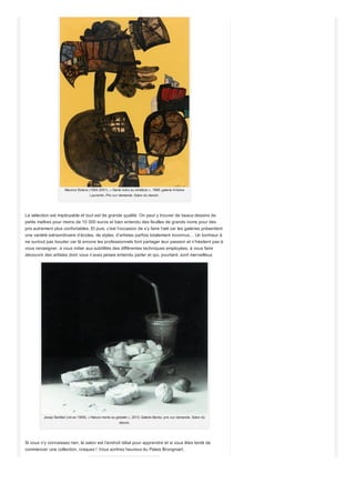 Andy Warhol (1928-1987), « Miguel Bose », 1983; galerie des Modernes, prix:
68 000 euros; Salon du dessin.
Ventes aux enchères, expositions d’exception poussent comme des champignons avec pour seul
aiguillon le salon du dessin. Ce succès n’a pourtant pas emballé la machine. Si les prix évoluent à la
hausse, on ne peut pas parler comme dans d’autres secteurs de spéculation frénétique. Les
acquéreurs, anciens collectionneurs ou passionnés de fraîche date s’attachent avant tout au trait, à
l’émotion, aux intentions de l’artiste. Ils n’y achètent pas un nom pour un nom. La preuve : les feuilles
anonymes exceptionnelles font parfois des prix plus élevés que celles d’artistes connus mais de
qualité secondaire.
Jean Dupas (1882-1964), « Etude pour la peinture murale du Char de Poséidon peint pour le paquebot
Normandie », Galerie Stephen Ongpin; prix: 95 000 euros; Salon du dessin.
C’est pourquoi le salon est un événement incontournable. Cette année, la sélection reflète les
tendances du marché. Les pièces anciennes (de la Renaissance au XVIIIème siècle) sont moins
nombreuses. Cette tendance s’explique par la raréfaction des belles feuilles de ces époques
lointaines souvent conservées par des collectionneurs n’ayant aucun désir de réaliser des plus-
values. Elle tient également au fait que les acheteurs, plus jeunes, sont moins sensibles aux sujets
bibliques ou mythologiques, plus touchés par les scènes de vie quotidienne, par la modernité et la
création contemporaine.
'actions stables'.
Thales: remporte un contrat de signalisation au
Brésil.
Airbus Group: 59 lancements réussis d'affilée pour
Ariane 5.
Calendrier statistiques sur 15 jours
 