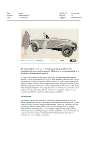 DESSIN / 212676327 copyright © 2013, Argus de la presse Tous droits réservés
Le dessin d'architecture peut être en effet un outil de la création : de l'esquisse au dessin de
présentation ; des "trois premières minutes" de l'invention au dessin d'exécution, en passant par le jeu
des variantes et des repentirs.
Parce qu'il est aussi le symptôme d'un processus de pensée, il peut être aussi témoin d'une
attribution, comme la trace d'un travail collectif, dans la mise au point des projets souvent, au cœur
même de la création parfois.
La semaine du dessin : de Paris à Chantilly...
D'abord parisienne, la Semaine du dessins'étend désormais hors de la capitale.
Les musées de Sèvres, Sceaux, ou encore Chantilly ouvrent, à leur tour, leurs collections de dessins
au public. Ces lieux se veulent très variés à l'image des dessins qui y sont présentés.
La Semaine du dessin dans les musées offrira cette année une nouvelle occasion de confronter
oeuvres du passé et oeuvres contemporaines, séduisant alors aussi bien les collectionneurs que les
amateurs, les initiés comme les plus jeunes chineurs. Et, bien sûr, permettra échange et dialogue
avec des spécialistes.
Chaque musée participant organise dans ce cadre une exposition et/ou des visites privées de ses
collections.
Ces visites privées sont gratuites et ouvertes à tous dans la limite des places disponibles.
Il est donc obligatoire de s'inscrire au préalable par téléphone, au 01 45 22 61 05 à partir du lundi 27
janvier 2014.
Ne tardez pas à vous inscrire, bientôt il sera trop tard! Il reste encore des places pour les visites
suivantes:
- Musée Bourdelle
- Musée Cognacq-Jay
- Musée de l'Ile-de-France (Sceaux)
- Cité de la céramique (Sèvres)
- La Maison de Victor Hugo
- Musée de la Vie Romantique
Infos pratiques
Horaires : 12h - 20h30
du mercredi 26 au lundi 31 mars 2014 inclus
Fermeture le lundi 31 mars à 20h
Nocturne le jeudi 27 mars jusqu'à 22h
Palais de la Bourse - Palais Brongniart
Place de la Bourse
75002 Paris
www.salondudessin.com
 