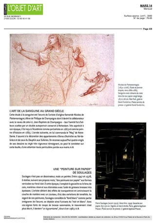 25 RUE BERBISEY
21000 DIJON - 03 80 40 41 06
MARS 14
Mensuel
Surface approx. (cm²) : 3940
N° de page : 76-85
Page 3/9
DESSIN
9950449300524/CLA/OTO/2
Eléments de recherche : SALON DU DESSIN : manifestation dédiée au dessin de collection, du 26 au 31/03/14 au Palais de la Bourse à Paris 2e,
toutes citations
LES FEMMES DE WESSELMANN
Tom Wesselmann est sans aucun doute l'un des peintres
les plus représentatifs du pop art, avec Roy Lichtenstein
et Andy Warhol. Il réalise plusieurs séries, notamment les
Gréât American Nudes et les Still Lifes. Sa vision outrée
de la féminité se traduit par des formes simplifiées dans
un environnement qui semble n'avoir aucune importance.
Les couleurs crues et les lignes font figure de provoca-
tion, tout comme la dépersonnalisation du modèle dont
les traits du visage sont presque toujours absents. Ces
montages-images ne visent jamais à l'effet erotique ou à
un impact obscène. "[...] C'est une manière d'aller à un
gros plan de la peinture, à la peinture même", dira Pierre
Streckx. Certains ont pu écrire que par son style il a voulu
concilier Matisse et l'affiche publicitaire. A. B.
TomWesselmann
(1931-2004),
Étude pour Gréât
American Hude tf32,
196?. Crayon et pastel
sur papier, 19 x 25,5 cm.
Signé et daté. Bruxelles,
galerie Patrick Derom.
Photo service de presse.
I) galerie Patrick Derom
L'ÉCLAT ET LA DÉLICATESSE DU PASTEL
PAR BENEDETTO LUTI
Après avoirétudié à Florence avecA.-D. Gabbiani.sousla protection de Cosme Ill
de Médicis, Benedetto Luti se rapproche de la mouvance des Florentins qui uti-
lisent le pastel. Il entre à l'Académie en 1684. Anobli par le pape Clément Xl, il
s'installe à Rome en 1690 où il copie les grands maîtres sous la direction de Cire
Fem. À partir des années 1710, il pratique le pastel et réalise une série de têtes
d'expression tout à fait remarquables, bien qu'il soit déjà considéré comme un
artiste classique au même titre que Carlo Maratta ou Francesco Trevisiani.
Devant ce charmant visage, où la gamme chromatique est équilibrée avec un
sens de la luminosité rare, la référence est sans aucun doute Federico Barocci ;
au XVIIIe
siècle, nombre des œuvres de Barocci et de Luti furent d'ailleurs
confondues. On devine également l'influence du Corrège dont l'artiste possédait
de nombreux dessins en tant que "marchand-amateur" ; on sait que Mariette se
rendit chez Luti en 1719 afin de voir sa collection. A. B.
Benedetto Luti (l666-i?24), Buste de jeune fille. Pastel, 39 x 31 cm
Signé et daté au dos "il cavalière Benedetto Luti fecit Roma 171...".
Paris, galerie de Bayser. Photo service de presse. ® galerie de Bayser
 