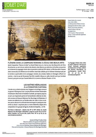 25 RUE BERBISEY
21000 DIJON - 03 80 40 41 06
MARS 14
Mensuel
Surface approx. (cm²) : 3940
N° de page : 76-85
Page 8/9
DESSIN
9950449300524/CLA/OTO/2
Eléments de recherche : SALON DU DESSIN : manifestation dédiée au dessin de collection, du 26 au 31/03/14 au Palais de la Bourse à Paris 2e,
toutes citations
THÉOVAN DOESBURGARCHITECTE
AU CENTRE POMPIDOU
Le centre Pompidou propose de découvrir le temps d'une visite pri-
vée le fonds exceptionnel de trente planches réalisées par le pein-
tre et architecte néerlandais Théo van Doesburg (1883-1931)
pour le bâtiment phare de la place Kléber de Strasbourg: l'Aubette.
Transformé par l'artiste entre 1926 et 1928, en collaboration avec
Sophie Taeuber-Arp et Mans Arp, l'ancien corps de garde du
XVIIIe
siècle se mue en un véritable manifeste de l'esthétique De
Stijl. Van Doesburg y accomplit les principes du néoplatonisme :
une géométrie rigoureuse dans laquelle s'épanouissent rythmes
et contrastes de couleurs, nous léguant ce que certains n'hésitè-
rent pas à qualifier de "chapelle Sixtine de l'art moderne". O. P.-M.
Présentation d'une sélection de dessins de l'artiste pour l'Aubette à
Strasbourg le mardi 25 mars à lohso au centre Pompidou, place
Georges-Pompidou, 75004 Paris. Tél. oi 44 p8 12 33.
www.centrepompidou.fr
Théo van Doesburg ( 1883-1931], L'Aubette. Projet de composition pour un
plafond, 1926-192?. Gouache et mine graphite sur carton, 64,? x 44,8 cm.
Paris, musée national d'Art moderne - centre Pompidou. Photo service de
presse. @ Collection centre Pompidou, MNAM-CCI,
Dist. RMN-Grand Palais / Jean-Claude Planchet
LES COLLECTIONS
DU MUSÉE DE PICARDIE S'EXPOSENT
À LA VIE ROMANTIQUE
La Semaine du Dessin est l'occasion pour le musée de
Picardie de s'inviter entre les murs du musée de la Vie
romantique, en présentant une vingtaine de dessins
issus de son cabinet d'arts graphiques. Cet accrochage
de trois mois vient s'ajouter au dépôt de dix tableaux
romantiques pour trois ans, conséquence de la ferme-
ture des salles de peinture du musée d'Amiens.
Souvent médites, les œuvres exposées sont le fruit du
travail des meilleurs artistes de l'époque : Eugène
Delacroix, bien sûr, mais également Édouard Bertin,
Léon Cogniet, Jacques-Raymond Brascassat... O. P.-M.
"Hors des réserves. Le musée de la Vie romantique
accueille le musée de Picardie", jusqu'au 22 juin 2014 au
musée de la Vie romantique, 16 rue Chaptal, 75009 Paris.
Tél. oi 55 31 95 6p. www.vie-romantique.paris.fr
Une visite privée limitée à 30 personnes est prévue le ip mars
2014 à gh30. Réservation obligatoire au oi 45 22 Gl 05.
Charles von Steuben (1788-1856), Pierre (e GrandsurprisparIQ tempête sur(e lacde Ladoga. Crayon,
fusain, estompe, rehauts de blanc sur papier bleu, trace de mise au carreau, 38,px 51 cm. Amiens,
musée des Beaux-Arts. Photo service de presse g musée de Picardie - Irwin Leullier
 