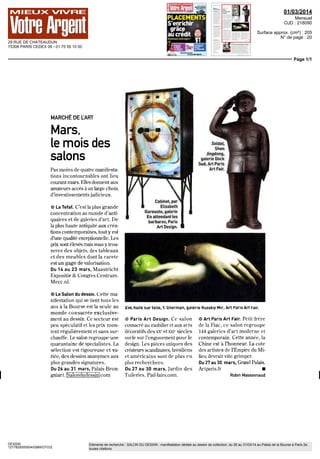 MARS 14
Mensuel
Surface approx. (cm²) : 411
Page 1/1
DESSIN
5693929300501/CLA/OTO/2
Eléments de recherche : SALON DU DESSIN : manifestation dédiée au dessin de collection, du 26 au 31/03/14 au Palais de la Bourse à Paris 2e,
toutes citations
FOIRES
Theodore Ger cautt
Là Charrettea charbon
1820 1821 pierre
noire pLumeetencre
gnseet aquarelle
SUrpapier Courtesy
A t rn C ella Zur h
Barthelemy Toguo
aquarelle sur papier
107x9(km Coure /
Ga er eLelong Par s
Paris-31
DRAWINGNOW:
VENT NOUVEAU
DANS LE MARAIS
Du 26 au 30 mars 2014
Désormais incontournable dans le pay-
sage de I art contemporain Drawing
New ne se repose pas pour autant sur ses
lauriersPoursa8e
editionetapresleCar
rouselduLouvre,lafoiremvestitleHaut
Marais Cette installation au Carreau du
Temple, I unedesespremieresamours, et
a I Espace Commines permet de se rap
procherdesnombieusesgaleriesetinsti
tutions du quartier tout en apportant un
sou f fie nouveau Nous profitons de ce
nouveau lieu pour donner une nouvelle
lectureanosvisiteuis cequiestunehabi
tude dans notre approche annonce
Christine Phal présidente du salon Ce
déménagement permet notamment de
mettreIaccentsm lesgaleriespiesentes
pourlapremierefois(BernardCeysson
ou Herve Perdnolle) reunies sous la
lumiere du jour de I espace Initial au
CarreauduTemple Lesjeunesgaleries,
que I on ne regrette pas de voir quittei
l'espace Emergence du Carrousel sont
quant a elles installées a l'Espace Com-
mines sous I appellation < Fresh Le
systeme des focus reste un pilier de la
foire chaque galerie doit reserver 30 %
deson stand au meme artiste Plusieurs
galeries font leur retour, dont Jerome
Poggi, Laurent Godin ou Olivier Robert
et l'effort d internationalisation se pour-
suit sur les quatre vingt dix galeries
présentes, 40% sont étrangères, dont un
important contingent suisse Bande des
smee(PhilippeGeluckalaGaleriePetits
Papieis) abstiaction (Daniel Pomme
leullechez Chi istopheGaillaidou Fran
cois Morellet chez Herve Bize) portrait
(AlanVegachezLaurentGodinouBar-
thelemy Toguo che/1 elong) stieet art
(Speedy Giapbito a la Galerie Polai is)
( est toute la diversite du dessin de ces
cinquante dernieres annees qui cst a
nouveau convoquée pour des prix
allantdequèlquescentainesd'eurosa
50000 euros Nouveaute une Drawing
Night seralancée parlaprojection sur la
façade du Carreau du Temple d un film
de Lek et Sowat consacre au street art
ce qui fait sens pour cette edition ou
nous défendons notre insertion dans la
ville , conclut Christine Phal
ELEONORETHERY
O DrawmgNow* du26au30mars2014
CarreauduTemple 4 rueEugene SpuUer et
EspaceCommines 17 rueCommines Pars 3
www d awmgnowpai is com
lj
ans-2e
LE SALON DU
DESSIN,UNIQUE
EN SON GENRE
Du 26 au .Sl mars 2014
C ommechaquemoisdemars depuisvingt-quatreans, setient
le Salon du dessin un salon spécialise de reference pour les
dessins du XV I au XXI siecle I ouïs de Bayser, nomme pre-
sidentle 20novembie 201 "i, attendde cette edition < qu elle se
déroule tout aussi seremement que les annees passées en conti
nuant a se developper ll estvraique le salon constitue un pole
attractifpourlensembledeladisciplinelesorganisateursayant
réussi a creer tout autour une serie d'événements (comme par
exemple la Semaine du dessin) propices a flire se déplacer les
conservateurs dcs principaux musees tant européens qu amé-
ricains Cette annee trente-neufexposants (vingt-deux Fran-
çais ct dix-sept étrangers) se repartiront les stands du Palais dc
la Bourse avec troisnouveauxvenus, dontNathalie Motte Mas-
sehnk Parmi les dessins anciens I intérêt se portera sur une
Tetedemoineportantcapuchon, vuedetroisquartsde Fra Bar-
tolomeo chezJean Luc Baron! (Londres) un fusain atypique
d Auguste Rodin ainsi qu un pastel, Portraitde/eura fille de
BenedettoLuti,chezdeBayser CncCoatalemréunitdesdessins
de Champagne, Boucher Fragonaid et Greuze entre autres
tandis que la galerie zurichoise Arturo C uellar accroche / a
( hanttti<ït/;urf;ojidelheodoreGericaull Iasectiondesdes
sins modernes et contemporains, bien fourme, montre une
aquarelle sur papier de Renoir, Arbres au bord de l'eau etvoiliers,
chezPandoraOldMastersInc (NewYork) laGalerieApphtat-
Prazan consacre ses espaces notammentaNicolasde Staël avec
Compositionetnert bleu ocreetnoir lesgalenstessuissesFran-
çoisDitesheimetPatrickMaffeioffrentunportraitd EmilBurn
par Alberto Giacometti, la Galerie des Modernes dévoile un
portrait de Paloma Domingum d'Andy Warhol, alors que la
Galerie de la Présidence met en avant une aquarelle de Jean
Helion de 19H4 jamais présentée sur le marche Quant a
AntoineI auientm ilpresenteuncollagedeMauriceEstevede
1968 Damenoireaui,trelitzm MARIE POTARD
O «Salon du dessin» dalban jl mars 2014 Palais Brongmart
pla edelaBourse Paris 2 wwwsalondudessm com
 