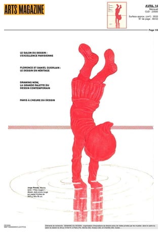 MARS/AVRIL 14
Mensuel
Surface approx. (cm²) : 423
Page 1/1
DESSIN
5934939300502/CLA/ARN/2
Eléments de recherche : SALON DU DESSIN : manifestation dédiée au dessin de collection, du 26 au 31/03/14 au Palais de la Bourse à Paris 2e,
toutes citations
23ème
Salon du Dessin La tête dans les nuages
FAUSTO MELOTTI Sans titre 195!
Tempera et fusain sur papier 69 8 x 99 9 cm
Coupes) Cellule k itsttn C leve fans koln ^t Moitlj
Chaque annee cette manifestation attire
professionnels et amateurs de ces feuilles
precieuses réalisées par des artistes anciens
ou contemporains Le dessin tient une place
a part dans la creation artistique il est
selon Ingres, « La probité de l'art > Parfois
il sert ri esquisse pour une peinture maîs il
est souvent une oeuvre a part entière Sous
la nouvelle présidence de Louis de Bayser
nomme en novembre dernier I exposition
reun t une quarantaine de galeries françaises
et internationales qui proposent des
compositions de tres grande qualite reflet
rie la creation des artistes de leur approche
différente en dessin, gravure au cours des
siècles Parmi les plus anciens on remarque
I intériorité du visage d'un moine par Fra
Bartolommeo fm du 15"lc
siecle ou une
vivante etude pour un < Bourreau > au trait
rythme a la plume de Cuerchin Elisabeth
Siiam trace a la sangu ne une tres douce
< Tête de jeune garçon > Ln peu plus tard
en I 776 Lebel réalise un portrait de jeune
homme a la vraie presence entre ombre
et lumiere De Piranese on évoque le plus
souvent les prisons ici ce sont des etudes de
silhouettes en un trace rapide et evocateur
Des œuvres de Le Brun Fragonard Tiepolo
et bien d autres meritent que l'on s y arrete
par la tmesse ou I expression du trait C est
aussi la puissante « Charrette a charbon »
ou I on retrouve I écriture de Gencault ou
un somptueux < Pavsage a la cascade »
par Harpigmes qu célèbre si bien la nature
dans sa vente ll faudrait évoquer encore
dessins et aquarelles de divers auteuis tous
dc qualite et parmi eux Deram Renoir ou
Degas Mire Dix ou Nolde sans oublier les
contemporains Tuy mans ou la nature morte
presque en trompe l'œil par Sanlilan , la liste
est longue et une visite s impose
Du 26 au il mars Palais Brongmart
place de la Bourse 75002 Paris
12h30/20h30, jeudi jusqu a 22h
Bois sacré : Initiations
dans les forêts guinéennes
UUVItK MA^MOMtlL QueHe que soif la minute
du jour 2007 2009 aayhque >u/ toik ^ y  ^ cm
collection </f / article Ciedit photo Hugo W/st/ev et
GADACP Paris 2014
I observation des nuages, leur traduction
sur la toile ou le papier cst récurrente chez
les artistes Ils sont nombreux a scruter le
ciel, a tenter de rendre ses ditterents aspects
selon les saisons ou le temps Voila un
element insaisissable, toujours en course
dont il faut rapidement capter la texture
la tonne la couleur Boudin a passe de
longues heures a observer les nuages ils
sont un element important dans ses Bords
de mer Ses etudes innombrables sont le
signe de la difficulté a en restituer la verite
atmosphérique la poesie Le musee du
Montparnasse accueille une exposition hors
les murs du musee de la Poste qui propose
dessins et photographies de nuages comme
objet d etudes pour les scientifiques Cinq
artistes évoquent la fugacité la beaute
poétique de cet element O Masmonteil a
visite le monde afin de découvrir différents
ciels les nuages se déploient en masse ou
legers en des toiles assez amples dans le
même esprit maîs en verre P Malphettes
Iraduil leur transparence la luminosité que
lui apporte ce matériau Les photographies
cle Finch et Mi Huyn différent le premier
donne prior te a la couleur dans une œuvre
abstraite et legere Huyn évoque un paysage
montagneux en noir et blanc avec de forts
contrastes rappelant la peinture extrême-
orientale ancienne et I on est interesse par
I installation inventive cle Smilde
Ml HYUN WM Huang Shan 2007 impiewon
pigmenteirc sur pipier lme Art 90 x H') rm
(f lit tl/o/M/< ;/;s/e ?><liH^unkm
Du 10 fevrier au 18 mai
Musee du Montparnasse
21 avenue du Maine 75015 Paris
du lundi au samedi 13h/18h
L initiation cst un moment intense quasi sacre
chezlespopulationsafricames,elleiepresente
pour un garçon le passage a I âge adulte Des
rites accompagnent cette cérémonie majeure
dansleui culture ut lisant masques, statuettes
objets Ils sont le thème de I exposition qu
s interesse a ces pratiques dans I Afrique cle
I Ouest ou des le I Berne siecle les Toma
oni cree le rite initiatique Porc symbole
riu pouvoir des grands nities I es masques
qu ils portent, souvent impressionnants
enigmaliques pour nous el parfo s fort
beaux sont essentiels dans le déroulement
de la cérémonie au cours de laquelle ils se
manifestent Les personnages porteurs de ces
masques Poro sont tres influents ce sont des
politiques, militaires et autres personnages
influents Cet acte essentiel dans la vie d un
homme commence par I isolement dans un
espace secret e est la qu interviennent les
masques Véritables sculptures ils affirment
la purete de la ligne chez certains et une forte
expression même dans des têtes dénuées de
traits et ou seul un nez droit geometrise rompt
I unite du visage Ce dernier s'humanise
aussi avec une barbe et des yeux perçants
Parfois une vraie modernite se manifeste avec
le masque Kornanko par exemple, stylise et
aux courbes élégantes ou encore un masque
Senoufo avec un personnage stylisé et vivant
Souvent le travail du bois est remarquable et
I on est impressionne par cette civilisation
qui a génère un vrai developpement et
d'excellents artisans Peu a peu, chaque pays
de cette region Ouest a adopte ses propres
rites et récits du Poro
Du 4 mars au 18 mai
Musee du Quai Branlv quai Branly 75007 Paris
Rectificatif Salon de Barbizon
Quelques erreurs se sont gl ssees dans Ic
compte rendu de cc salon nous vous prions de
nous en excuser voici les corrections
Le Prix de Sculpture 2013 i ele attribue a
tugen SECHILA
Le Prix du Jury Sculpture jacques BLANCHON
Prix Univers des Arts de Sculpture ANIKO
et il fallait lire SELEZNEFF et non SEMENTZEEE
 