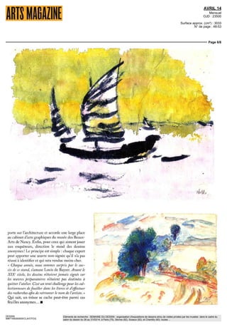 AVRIL 14
Mensuel
OJD : 23500
Surface approx. (cm²) : 3033
N° de page : 48-53
Page 5/6
DESSIN
9967169300505/CLA/OTO/2
Eléments de recherche : SEMAINE DU DESSIN : organisation d'expositions de dessins et/ou de visites privées par les musées dans le cadre du
salon du dessin du 26 au 31/03/14, à Paris (75), Sèvres (92), Sceaux (92), et Chantilly (60), toutes ...
se réjouit le president Avec 13 000 visiteurs
en 2013, la foire accueille de plus en plus d'ama-
teurs Un record d'affluence, surtout pour un salon
spécialise, qui s'explique par plusieurs raisons « //
y a toujours eu une tradition du dessin en France
sur le marche de V art explique-t-il A partir du
XVII siecle, des collections entières étaient rachetées
par Louis XIV A la mort de Le Brun, premier artiste
du roi, le monarque a réquisitionne son atelier
Aufourd hui, tout est au Louvre Seules ses œuvres de
jeunesse se trouvent sur le marche » Un exemple qui
confirme la premiere place de Paris sur le marche
du dessin, a egalite avec l'Angleterre
L'autre raison de cet engouement tient a la rela-
tive accessibilite des prix de ce médium compaie
a la sculpture ou a la peinture, même si certaines
feuilles peuvent atteindre plusieurs millions d'euros
comme The Destruction of Pharaohs Host, de John
Martin (1789-1854), qui a ete vendu 1,5 million
d'euros l'an dernier au profit de la galerie Jean-Luc
Barom Cette annee, si le Fra Bartolomeo, pro-
pose par le même marchand, promet d'atteindre
des sommets, on pourra faire l'acquisition d'un
Delacroix pour moins de 5 000 euros. « Tout
comme la majorité des œuvres sur le salon », rassure
Louis de Bayser
De l'ancien au contemporain,
les ventes se portent bien
« Jusque dans les annees 90, Ic dessin rïetait -pas
appréhende de la même façon qu'aujourd'hui On
voyait les œuvres comme des etudes préparatoires
aux tableaux et elles intéressaient surtout les histo-
riens d'art Depuis, le champ des collectionneurs s'est
élargi Lespieces sont davantage appréciéespour leur
dimension graphique ct leurpresence murale On est
passe du dessin sur un support en carton a une œuvre
qu'on accroche au mur », détaille t il Un nouveau
rapport au dessin qui a encourage le salon a s'ouvrir
également aux arts moderne et contemporain Le
long des allées, le visiteur pourra admirer aussi
bien une etude de Charles-Antoine Coypel a la
galerie Eric Coatalem, des créations de Fragonard
pere ct fils chez Didier Aaron&Cie qu'une selec-
tion d'œuvres de Nicolas de Staël, Hans Hartung
et Wifredo Lam a la galerie Apphcat-Prazan « Les
œuvres surpapier se mélangent bien Onpourrait tres
bien accrocher la Tête de moine de Fra Bartolomeo a
cote d'un visage de Picasso Contrairement a la pein-
ture, le dessin permet certains rapprochements » Et
c'est précisément cela, allie au niveau dexigence
du Salon, qui a conforte le couple de collection-
neurs Daniel et Florence Guerlain dans leur dect
sion d'organiser le Prix de dessin contemporain
en ses murs (lire pp 54-57) Autre gage de son
succes, le salon organise chaque annee, du 24 au
31 mars, la Semaine du dessin, un cycle de visites
et de conferences en collaboration avec une mg-
taine de musees parisiens Le thème cette annee,
> Emil Nolde, Trois
jonques chinoises
1913 aquarelle
p nceau et encre sur
papier fin japonais
240x328 mm
j Pierre-Auguste
Renoir, Arbres au
bord de I eau et voilier
(recto) Etude d une
barque dans un etang
(verso) vers 1895
aquarelle sur papier
170x230 mm
> Le Corbusier,
Deux Femmes nues au
fauteuil 1932 pabtel
pastel lave et mme de
graphite sur papier
310x210 cm
 