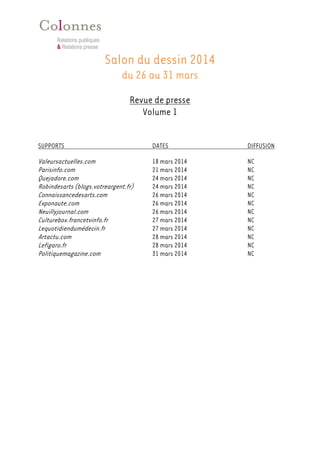 Relations publiques
& Relations presse
Salon du dessin 2014
du 26 au 31 mars
Revue de presse
Volume 1
SUPPORTS DATES DIFFUSION
Le Quotidien de l’Art 25 mars 2014 NC
Direct Matin 26 mars 2014 NC
Le Quotidien de l’Art 26 mars 2014 NC
Le Quotidien du Médecin 27 mars 2014 NC
Le Quotidien de l’Art 1er
avril 2014 NC
Les Petites Affiches – La Loi 28 avril 2014 NC
TÉLÉ
BFM Business (Chercheurs d’Art) 21 mars 2014 NC
RADIO
France Inter 25 mars 2014 NC
France Musique 25 mars 2014 NC
INTERNET
Connaissancedesarts.com 3 décembre 2013 NC
Artistikrezo.com 4 décembre 2013 NC
Arts-spectacles.com 20 décembre 2013 NC
Artmediaagency.com 7 janvier 2014 NC
Allofamille.fr 10 janvier 2014 NC
Lessourcesdelinfo.info 15 janvier 2014 NC
Viafrance.com 21 janvier 2014 NC
Artistikrezo.com 28 janvier 2014 NC
Artactuel.com Février 2014 NC
Evamagazine.fr 4 février 2014 NC
Allofamille.fr 10 février 2014 NC
Parisisbeautiful.com 27 février 2014 NC
Lagoradesarts.fr 28 février 2014 NC
Evous.fr 5 mars 2014 NC
Toutelaculture.com 18 mars 2014 NC
 