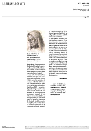 14/27 MARS 14
Bimensuel
Surface approx. (cm²) : 919
N° de page : 19
Page 3/4
DESSIN
7069159300501/GAD/ANR/2
Eléments de recherche : SALON DU DESSIN : manifestation dédiée au dessin de collection, du 26 au 31/03/14 au Palais de la Bourse à Paris 2e,
toutes citations
Le Salon du dessin s'étend auXXe
Confrontée à la stagnation du nombre de collectionneurs de feuilles anciennes,
la 24e
édition du Salon du dessin, à la Bourse, s'ouvre plus largement à la création d'aujourd'hui
^^^ réé en 1991 à l'ini-
tiative de neuf marchands pour
promouvoir Ie dessin de collec-
tion, ce salon spécialisé de réfé-
rence pourles dessins du XVIe
au
XXIe
siècle s'est forgé une belle
réputation. Ses organisateurs ont
su l'enrichir d'événements, tels
quela «Semainedu dessin», mise
en place en 2000 en lien avec les
muséesparisiens. Louisde Bayser,
nommé à la présidence le 20 no-
vembre 2013, succédant à Hervé
Aaron, président durant seize
ans, attend de cette 24e
édition
«qu'ellesedérouletoutaussiserei-
nement que les annéespassées».
Au total, 39 exposants (22 fran-
çais, 17 étrangers) se répartiront
les stands du palais de la Bourse,
et malgré des absents comme Bob
Haboldt (Paris) - « en raison de
dates trop rapprochées avec Tefaf
[la Foire de Maastricht] », trois
nouveauxont étéconviés. Ainsi de
NathalieMotte-Masselink(Paris),
selon laquelle « cette première
participation à ce salon, à l'am-
biance intime et atypique, va très
fortementaugmenterla réputation
de [s]ojeune galerie, ouverte en
2010 !». Elle expose des dessins
anciens issus de toutes les écoles
européennes, « une diversité qui
nous permet de rencontrer des
amateurs pour chacune de ces
écoles et d'étendre très largement
noscontacts»,confie-t-elle.
Comme en 2011, l'enquête réali-
sée l'an passé auprès des visiteurs
a montré que 44 % d'entre eux
ont fait le déplacement pour les
dessins modernes, contre 38 %
pour les dessins anciens, alors
qu'en 2012, la répartition était
inversée. Quelle sera la tendance
pour 2014 ? Du côté de l'offre, il
existe un juste équilibre entre ces
deux spécialités.
Le contemporain s'immisce
Parmi les dessins anciens, l'inté-
rêt se porte sur une Tête de moine
portant capuchon, représentée de
trois quarts par Fra Bartolomeo
(1472-1517), exposée chez Jean-
Luc Baroni (Londres). Un temps
attribuée à Raphaèl, cette œuvre
est restée dans la même collection
pendant deux siècles. Jean-Luc
Baroni avait fait sensation en 2013
avec un dessin de John Martin, La
Destructiondel'arméedupharaon
(1836), vendu dès le soir du ver-
nissage pour 1,5 million d'euros
environ. « Si cettefeuille n'a pas
le même impact, elle est bien plus
significative au regard de la rareté
des dessins de la Renaissance »,
souligne-t il. Louis de Bayser
(Paris) propose, outre un pastel de
Benedetto Luti, Portrait déjeune
fille (v. 1700), un fusain atypique
de Rodin : « un granddessin, très
noir,avecunematièrebiengrasse.
Il est assez puissant, avec un côté
sculptural tridimensionnel». Didier
Aaron & Cie (Paris) montre une
grandefeuille de Paul Delaroche
(1797-1856), dessin préparatoire
à l'une des figures de l'hémicycle
de l'École des beaux-arts de Paris,
tandis que la galerie zurichoise
Arturo Cuéllar expose une aqua-
relle de Théodore Géricault, La
Charretteàcharbon(recto),Étude
d'un cheval (verso), exécutée à la
pierre noire vers 1820 lors d'un
voyage à Londres. Provenant de la
collectionJan Krugier, cette œuvre
a été adjugée 245 000 dollars
(179 DOO euros) chez Christie's
New York en novembre 2013.
La section des dessins modernes
est également bien fournie. Selon
Louis de Bayser, « Hy a toujours
eu desdessinsmodernesausalon,
mais depuis cinq ou six ans, les
dessins contemporains sont plus
présents.Cestuneévolutionbonne
pourledessinancien». Deuxgale
ries seulement sont spécialisées en
art contemporain, Karsten Greve
et la Galerie de France (Paris).
Mais parmi les exposants qui
proposent d'ordinaire des maîtres
modernes, plusieurs présentent
des œuvres contemporaines, à
l'instarde la Galerie AB (Paris) ou
de Ditesheim & Maffei Fine Art
(Neufchâtel), qui, à côté d'un des-
sin d'Alberto Giacometti, expose
une œuvre d'Erik Desmazières (né
en 1948). Également, la Galerie
 