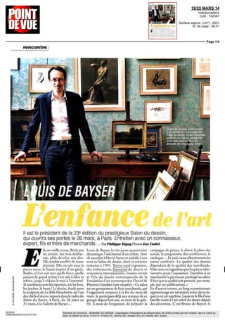 AMA NEWSLETTER
267 RUE LECOURBE
75015 PARIS - 06 76 28 82 46
09 JAN 14
Hebdomadaire
Surface approx. (cm²) : 45
Page 1/1
DESSIN
2339588300508/GOP/AVH/3
Eléments de recherche : SALON DU DESSIN : du 28/03 au 02/04/12 au Palais de la Bourse à Paris 2e, toutes citations
23*édition du Salon du dessin à Paris
La 23e édition du Salon du dessin aura Lieu du 26 au 31 mars 2014
au Palais Brongniart, place de la Bourse, à Paris. Lin souffle nouveau
semble animer cette édition, symbolisé par l'arrivée de Louis de Bay-
ser à la tête de la manifestation, fils du marchand de dessins réputé
Bruno de Bayser. Il remplace Hervé Aaron, galeriste parisien qui met
ainsi fin à une présidence de seize ans.
De nouveaux participants sont aussi à mentionner : les Parisiens Na-
thalie Motte-Masselink et Mathieu Néouze ainsi que le New-Yorkais
David Tunick. Le Salon accueillera, comme chaque année, galeries
spécialisées dans le dessin ancien, moderne ou contemporain et 23
musées (clin d'oeil à la manifestation). Cette année, la place de l'invité
d'honneur est réservée au Musée des Beaux-Arts de Nancy. Plus de
1.000 dessins seront cette année offerts aux regards des curieux, ama-
teurs et collectionneurs.
 