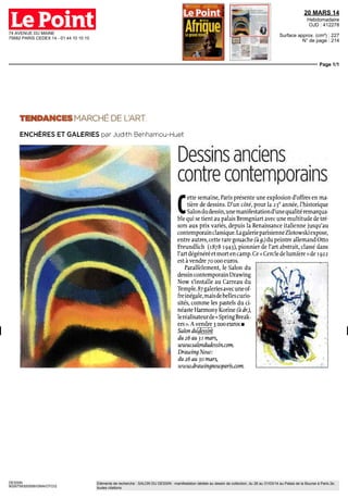 33 RUE VIVIENNE
75002 PARIS - 01 44 76 92 31
20/26 MARS 14
Hebdomadaire
OJD : 229211
Surface approx. (cm²) : 359
N° de page : 88
Page 1/1
8571f5ab58c0a10392d04ef48d05b58704d7c38161e44df
DESSIN
7975759300509/XSB/OTO/2
Eléments de recherche : SALON DU DESSIN : manifestation dédiée au dessin de collection, du 26 au 31/03/14 au Palais de la Bourse à Paris 2e,
toutes citations
Affaires privées art
Fin mars, àParis
Dessins
estimés
La capitale déborde de dessins dès que leprintemps
revient. Avis au! collectionneurs : des salons et des rentes
présentent des lots d'œui r es ea ceptionnel/es.
PAR BERNARD GENIES
A
latm dumois, le dessin enva
hit Paris Au palais Bron
gniart, place de la Bourse le
Salondudessinsetientdu26
au 31 mars II s adresse sur-
tout aux amateurs de feuilles an-
ciennes Et du 26 au 30 mars, le tout
nouveauCarreauduTemple(ilvient
d'être inaugure par le maire Ber-
trand Delanoe) et I Espace Com
mines accueilleront Drawmg New,
le rendez-vous des collectionneurs
d'dit moderne el contempoidin Les
salles de vente suivent le mouve
ment Parmi elles ( bristle s qui dis-
persera le 26 mars, une centaine
d'œuvrcs modernes
Le dessin a longtemps ete reserve a
des spécialistes On considérait qu'il
relevaitdestravauxd etudes etqu il
n'était donc qu'anecdotique De
plus, sa conservation et son exposi-
tion nécessitaient des précautions
particulières Maîs ce regard la a
change Les dessins les plus impor-
tants sont désormais considères
comme des œuvres a part entière
Par ailleurs, les nouvelles techni-
ques employees dans Id fdbncdlion
du verre permettent dorénavant de
filtrer de maniere satisfaisante les
redoutables ultraviolets, ces enne-
mis du papier Cette nouvelle donne
attire les collectionneurs
Du côté de
laphoto
Une tres belle
vente de
photographies
s annonce chez
Sotheby's
a New York,
le 1e
avril On y
dispersera un
tres bel ensemble
de Robert
Frank Henri
Cartier Bresson
Charles Sheeler
Edward Weston
Man Ray Laszlo
Moholy Nagy
Trente et un lots
seulement
maîs que des
chefs d oeuvre
(ou presque)1
Les
estimations sont
a la hauteur
Robert Frank flirte
avec les
100000 dollars
tandis qu un
Rayograph
de Man Ray
est propose
a partir de
400000 dollars'
leinme étendue deMatisse. Dessin aufusain estime entre bOOOUO et SOOOOO euros.
L an dernier, la vente de dessins or-
ganisée par Chnstie's a la même
epoque avait génère un produit de
8 millions d'euros soit bien au-delà
des 5 a 6 millions espères Le cru
2014 devrait atteindre un tout aussi
bon niveau D'abord parce qu'il re-
celé plusieurs lots d'exception
A commencer par cette Femme
étendue de Matisse, estimée entre
600000et800DOOeurosElleappar-
tient a cette séné des « Thèmes et
Vdndlions » que Iditiste développa
durant son sejour a l'hôtel Regina a
Nice entre 1941 et 1942 Ce dessin
au fusain est la « matrice » de la se-
rie E (celui ci ayant donne lieu a dcs
< variations » exécutées par la
suite) L'un des aspects les plus re-
marquables sont les conteurs dessi-
nes puis redessines du corps de la
femme, Matisse cherchant a repro-
duire - comme dans une séquence
au cinema - ses diverses poses
T
out aussi puissant est ce grand
format (71 x61 centimètres) de
Degas dont un exemplaire simi-
laire, maîs avec un traitement diffé-
rent (il s'agissait d'une œuvre au
crayon) a ete adjuge I an dernier
pour250000euros Ici, cetteFemme
nue s'essuyant a ete exécutée au
fusain et ses traits sont plus forte-
ment marques L'estimation oseille
entre 250000 et 350000 euros
Retour au dépouillement avec ce
dessin dejeunessedeI ucian Freud
un Self Portrait a la pierre noire
date de 1959 et dedicace a Patrick
O'Higgins Cette œuvre est de toute
fraîcheur puisqu'elle n'ajamais ete
négociée sur le marche Une rareté
qui vient justifier une estimation a
partir de 180000 euros Un petit en-
semble de dessins surréalistes fi-
gure également au catalogue dc
cette dispersion
Unretiendraune encre, aquarelle et
collage de Dali (Mes vœux de Noel
paranoïaques-critiques) adresses
en 1961 au critique d'art Pierre Ca-
banne (estimation entre 70000 et
100000 euros) Cette œuvre fait ses
premierspasenventepublique
Signalons enfin un collage et goua-
che de Max Ernst (Ohne Titel esti-
mation a partir de 120000 emos),
ainsi queplusieurs dessins de Rodin
dont untres beauLotus ou l'Orage,
qui devraitpassersans difficulté son
estimation basse de 30000 euros •
 
