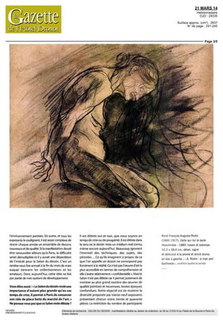 21 MARS 14
Hebdomadaire
OJD : 29335
Surface approx. (cm²) : 2637
N° de page : 241-245
Page 2/5
DESSIN
4963959300507/CLA/AVH/2
Eléments de recherche : SALON DU DESSIN : manifestation dédiée au dessin de collection, du 26 au 31/03/14 au Palais de la Bourse à Paris 2e,
toutes citations
ROPOS RECUEILLIS PAR MARIE C. AUBERT
RENCONTRESalon du dessin. Pendant quèlques jours, Paris se transforme
en capitale mondiale du dessin avec son prestigieux Salon
et les événements qui lui sont attachés.
Louis de Bayser DR
/ pres plus de seize annees de «bons
/  et loyaux services», Herve Aaron,
f  president du Salon du dessin, passe
/ Via mam a Louis de Bayser pour
la 2y edition de la manifestation Si ce dernier
a suivi des etudes scientifiques et commerciales,
il a depuis longtemps côtoyé les dessins anciens,
une spécialité de la galerie que ses grands-
parents Patrick et Rosé-Anne ont fondée en 1936
et que son pere. Bruno de Bayser, a reprise dans
les annees 1960 La galerie s'est essentiellement
tournee vers les dessins prises des collection
neurs, en les guidant dans leur choix, ou des insti-
tutions à la recherche de pieces rares
Vous avez été nommé le 20 novembre dernier
pour succéder à Herve Aaron à la tête du
Salon du dessin. Comment envisagez-vous
cette reprise de flambeau ?
Herve Aaron était particulièrement implique
dans sa mission de president afin de developper
le Salon et le hisser au rang d'une manifestation
parisienne incontournable Aujourd hut je me
suis fixe comme objectif de le maintenir a ce
même niveau d excellence Nous devons pour
suivre ce travail avec la même exigence de
qualite et de service tant en termes de
marchandsquedœuvresexposées
Vous avez fait vos premiers pas en tant que
professionnel au sem même du Salon.
Le sentiment d'une « boucle bouclée » ?
Pas encore,je suisjeune 'Jai acheté beaucoupde
dessins maîs pas forcement sur le Salon En
revanche, j'ai effectivement commence a y
travailler Des le départ, j'ai suivi les conseils de
mon pere et me rendais régulièrement aux
reunions ; cest donc un evenement que je
eonnais parfaitement.
Certaines galeries, qui avaient pourtant
effectué leur retour en 2013, ne participeront
pas à cette 23= édition - Haboldt, Levy & Asso-
ciés, Continua - tandis que d'autres apparaî-
tront - Matthieu Néouze, Nathalie Motte-
Masselink, David Tunick Inc... Êtes-vous à
l'origine du choix de ces nouveaux arrivants ?
Non, pas du tout ' Je ne décide pas personnelle-
ment de l'arrivée ou du depart de telle ou telle
galerie La decision est prise de maniere colle
giale par les membres de la societe du Salon du
dessin, qui se reunissent une fois par mois pour
fixer les objectifs a atteindre dans la perspective
de l'organisation de la prochaine edition
Vous saluez Hervé Aaron qui a permis au
Salon « de s'adapter avec succes à la mondiali-
sation du marche de l'art et de devenir une
référence en matière de dessin ». Pourriez-
vous envisager d'en exporter le concept ?
Ce Salon étant assez unique en son genre - il est
a la fois international tout en étant centre sur
Paris, ses institutions et ses musees -, je ne me
vois pas le lancer ailleurs qu'ici car il bénéficie de
 