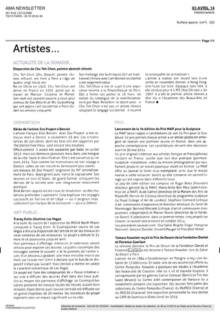 28/29 MARS 14
Hebdomadaire
OJD : 431865
Surface approx. (cm²) : 1566
N° de page : 86-89
Page 4/4
DESSIN
4194769300504/XME/OTO/2
Eléments de recherche : SALON DU DESSIN : manifestation dédiée au dessin de collection, du 26 au 31/03/14 au Palais de la Bourse à Paris 2e,
toutes citations
Il y a dans cette « Vue
de la Conciergerie » d'Albert
Besnard (GalerieTerrades)
une liberte assez rare chez cet
artiste connu pour ses grands
decors officiels (plafonds
du Petit Palais, dj Théâtre-
Français de IHôtel de Ville de
Pans) ll était passionne par
les oppositions de couleurs et
il joue ici habilement avec les
différentes nuances de lavis
brun En laissant par endroits
le beige du support de papier
contraster avec les parties
plus sombres, Besnard plonge
les édifices dans une lumiere
qui hésite entre le crépuscule
et l'aube Letrange poesie de
cette feuille évoque les encres
sublimes de Victor Hugo
Le choc des anciens et des modernes
Alors qu'il se destinait à être cordonnier, Gaston Cliaissac va rallier
par petites etapes le monde de la peinture En 1944 il fait la rencontre
de Dubuffet, qui l'orientera vers I art brut (« Tête aux yeux verts » Galerie
de la Présidence) simplifie par un détour vers l'abstraction a partir de I960
 