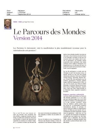 Pays : Belgique Périodicité : Mensuelle
Support : L’Éventail Diffusion : NC
Date : Septembre 2014 Catégorie : Presse écrite
 