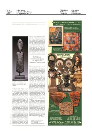 Pays : Allemagne Périodicité : Mensuelle
Support : Kunst und Auktionen Diffusion : 11 000
Date : 5 septembre 2014 Catégorie : Presse écrite
 