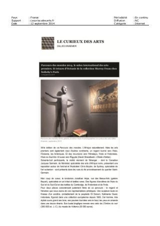 Pays : France Périodicité : En continu
Support : Lecurieuxdesarts.fr Diffusion : NC
Date : 12 septembre 2014 Catégorie : Internet
 