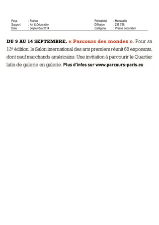 51 RUE DE VIVIENNE
75095 PARIS CEDEX 02 - 01 44 88 42 72
SEPT 14
Mensuel
OJD : 42730
Surface approx. (cm²) : 313
N° de page : 158
Page 1/1
TRIBALART
5775011400501/GVB/OTO/2
Tous droits réservés à l'éditeur
Figure de reliquaire Kota Ndassa fm xixe
Gabon ou
Republique Démocratique du Congo bois et cuivre
H 54 Cm (^SOTHEBY S FRANCE/ART D G TAL STUDIO)
AVELINE-ROSSI
INVITE L'ART
AFRICAIN
Impertinente, l'exposition « Afn-
que(s) » a la galerie Avelme-Rossi
invite a une confrontation entre le
mobilier du xvm6
et des objets d'art
africain mis en vente chez Sothebys en
decembre prochain Judicieusement,
elle s'inscrit dans les dates de la Bien-
nale et du Parcours des mondes Pour
cette galerie d'antiquités réputée qui ne
souhaitait pas participer a la Biennale
des antiquaires, l'idée est de « montrer
que l'association des deux disciplines
fonctionne » Le fil rouge de lexposition
repose sur ces bois precieux d'Afrique
utilises dans les masques rituels, qui
dialoguent avec le raffinement des bois
employes dans les marqueteries Aux
yeux de Marella Rossi, fille de Jean
Marie Rossi, il s'agit d'une association
« en bonne intelligence » avec la maison Sothebys, même si elle attirera inévitablement
les critiques Ainsi, Jean-Marie Rossi, qui a ete le premier a collaborer avec un musee
national (celui du château de Fontainebleau), est aujourd'hui le premier a collaborer avec
une maison de ventes Son objectif? « Toucher de nouveaux collectionneurs » et les tirer
de la torpeur de Iennui avec ces confrontations revigorantes v DE M
« AFRIQUE(S) », galerie Avelme-Jean-Marie Rossi, en collaboration avec Sotheby's,
94, rue du Faubourg-Samt-Honore,
75008 Paris, OI 42666029,
du 9 au 12 septembre + d'infos
http//bitly/7291afriques
LA NOUVELLE CUVÉE
DESSISMANN
C'est une tradition, la galerie Sismann a
pris le ph de publier chaque annee son
catalogue d'automne, moisson de ses de
couvertes, avec ses nouvelles acquisitions
majeures En 2012, la galerie Sismann
avait participe a la Biennale dans le Salon
d'honneur, maîs cette annee, cest dans
le sillage de l'événement quelle presente
ces quinze œuvres choisies (de 10000 €
a 100000 € et plus) Spécialisée dans la
sculpture europeenne de l'an mil a 1800,
cette galerie a ete ouverte en 1995 par
Gabnela et Mathieu Sismann, tous deux Entourage de Hlippo Délia Voile
erudits et passionnes V DE M Allégorie de la Prudence, v 1730-1750r
marbre H SO cm (GALERIESISMANN PARIS)
« NOUVELLES ACQUISITIONS » galerie Sismann, 7 rue de Beaune, 75007 Paris,
OI 4297 47 71, du 12 au 30 septembre + d infos http //bit ly/7291sismann
 
