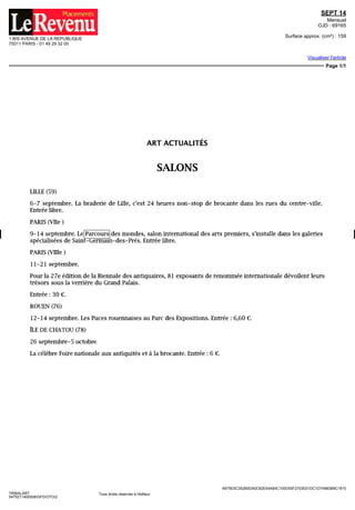 25 RUE BERBISEY
21000 DIJON - 03 80 40 41 06
SEPT 14
Mensuel
Surface approx. (cm²) : 411
N° de page : 136
Page 1/1
TRIBALART
9835221400503/CLA/AHR/2
Tous droits réservés à l'éditeur
BIENNALE OFF
13e ÉDITION
DU PARCOURS DES MONDES
Du g au 14 septembre, dans le carré "magique" des petites rues de
Samt-Germain-des-Prés,leParcoursdesMondesfêterasatreizieme
edition avec plus de soixante-huit exposants, dont la moitié viendra
de l'étranger La raison de ce succes grandissant tient en quèlques
mots qualité et pedigree irréprochable des pièces, exigence des
expositions et des publications.
La fine fleur des galeries d arts primitifs sera
envahie par des cohortes de collectionneurs
et de conservateurs, de curieux et de neo
phytes, trop heureux de frotter leur oeil a ces
masques et autres sculptures nes a des mil
liers de lieues de nos latitudes Lom de s'en
dormir sur leurs lauriers, les marchands nvali
sent en effet d'imagination pour surprendre et
séduire le visiteur En couvrant toutes les aires
géographiques concernées (de I Afrique a
lOceame en passant par les arts tribaux
d'Amérique et d'Asie), en multipliant les
approches (thématiques, historiques, styhs
tiques), les galeries se métamorphosent, l'es
pace de quèlques jours, en véritables musees
expérimentaux L'une des expositions les plus
attendues n'est autre que celle du jeune gale
nste Renaud Vanuxem qui confrontera le
thème du rictus, du cri et de la transe avec
celui de la méditation interieure soit des
pieces expressionnistes dialoguant avec des
objets apaises et sereins Adepte, lui aussi,
des parcours transversaux et des mterroga
lions formelles l'Américain Thomas Murray
explorera le thème de la dualité a travers
notamment la figure archetypale de la Mere et
l'Enfant Jouant sur I alternance symbolique et
esthetique du blanc et du noir, la galerie
romaine Oandrieu Giovagnoni exposera,
comme a son habitude, un florilège de pieces
d'une grande qualite, tel ce masque elephant Igbt) lzi du Nigeria
d'une puissance plastique confondante Le couple facétieux
Pascassio Manfredi a, quant a lui, choisi délibérément de sortir des
sentiers battus sous le vocable malicieux de 'King size", seront
exposéesdes oeuvres detres grand format Aux antipodes des bijoux
et des bronzes de la collection Yasmina Chenoufi que présentera
la galerie Noir d'Ivoire
RobeRuunpe (coton
et fibres de mûrier
aux motifs amou
classiques vers
1910 1920 Paris
galerieMestdagh
Paul Louis
Non contentes d explorer les rituels et les usages les expositions du
Parcours des Mondes offrent souvent I occasion idéale de decouvrir
de nouveaux langages esthétiques, des peuples méconnus Le mar
chand britannique Kevin Conru dévoilera ainsi la magnifique collée
lion de tapas [étoffes d'ecorce battue) collectes en Nouvelle
Bretagne (Oceanie) par I explorateur allemand Karting a l'aube du
XXe
siecle Réalisées a des fins rituelles avant detre généralement
brûlées, ces œuvres éphémères sont des petits miracles de grâce
aérienne et d'inventivité Lon se précipitera aussi au numero 4 de la
rue Visconti, ou lejeune couple bruxellois Patrick et Dndine Mestdagh
exposera la collection de pieces amou de Joseph G Gerena Célèbres
pour les tatouages d'un bleu profond que leurs femmes arboraient
autour de la bouche, ces populations autochtones du Japon étaient
des designers avant la lettre, comme l'illustrent leurs bâtons de priere
finement sculptes ou leurs robes d'ecorce mâchée dont les motifs
chamaniques sont d'une stupéfiante beaute
Beremce Geoffroy Schneiter
"Parcours des Mondes", du 9 au 14 septembre 2014, quartier des Beaux Arts a
Saint Germam-des-Pres 75006 Paris Le mardi g vernissage a partir de 15h,
ouvert jusqu'à 2 lh Du mercredi au samedi, de i lh a igh le dimanche jusqu'à
iph Nocturne le vendredi 12 septembre jusqu'à 2ih
Personnageenivoire
(H ii cm) Cote
d Ivoire XIXe
siecle
Paris galerie Renaud
Vanuxem@DR
Collection de bijoux
d Afrique Noire fin XIXe
-
début XXe
Ivoire or
bronze et autres
materiaux
Paris galerie Noir divoire
O Photo Brigitte
Cavanagh 0 galerie
Noir d ivoire
 