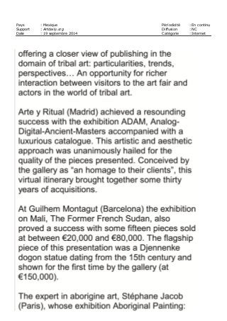 Pays : Mexique Périodicité : En continu
Support : Artdaily.org Diffusion : NC
Date : 19 septembre 2014 Catégorie : Internet
 