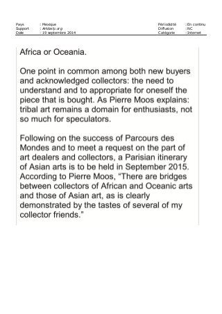 Pays : Mexique Périodicité : En continu
Support : Artdaily.org Diffusion : NC
Date : 19 septembre 2014 Catégorie : Internet
 