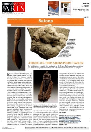 51 RUE DE VIVIENNE
75095 PARIS CEDEX 02 - 01 44 88 42 72
JUIN 14
Mensuel
OJD : 42730
Surface approx. (cm²) : 465
N° de page : 112
Page 1/1
TRIBALART
5835620400504/CLA/OTO/2
Eléments de recherche : PARCOURS DES MONDES ou SALON INTERNATIONAL DES ARTS PREMIERS : du 10 au 15/09/13 à Paris 6ème,
toutes citations
MARCHE DE L'ART
Salons
V
Fragment de
f sarcophage
IIIe
s av J - C
empire romain
marbre H 21 cm
(OGALERIEARS
AMQUA DOMINIQUE
THIRION/CDLL PART
A gauche
f cuiller Paiwan
ile de Formose
Taiwan bois H 15cm
(I Al tP E PATRICK Mt TDAf H
B R U X I I I I S OPAULLUUIS
A BRUXELLES, TROIS SALONS POUR LE SABLON
Le traditionnel quartier des antiquaires du Grand Sablon s'anime ce mois-ci
de trois salons-parcours dédies aux arts non occidentaux et à l'Antiquité.
Bruneaf (Brussels Non European Art
Pair), Baaf (Brussels Ancien Art Pair)
et Aah (Asian Art in Brussels) ont allie
leurs forces pour creer un evenement
d'envergure internationale Le joli quartier
du Sablon accueille une centaine de mar
chands internationaux, majoritairement
européens, les non Bruxellois louant des
espaces a leurs confrères Bruneafmené la
danse, avec une soixantaine d'exposants
Créée en 1983, la foire d'arts premiers a in
vente le principe du salon parcours thema
tique ou les visiteurs se promènent de ga-
leries en galeries Le nouveau bureau de
Bruneaf, sous la houlette de son president
Didier Claes, marchand specialiste de
l'Afrique, a insuffle du dynamisme Pour
s'imposer sur le marche international,
Bruneaf s est offert en mai trois stands a la
foire de Hong Kong, présentant des oeuvres
de dix-huit de ses exposants Pour cette
cuvee de juin, il a organise lexposition, a
l'Ancienne Nonciature, beau et vaste mo
miment du Sablon, de superbes pieces de
Nouvelle-Guinée Elles font partie des col-
lections du Musee ro)al de Tervuren, temple
belge des arts premiers actuellement ferme
pour renovation Côte galeries, aux côtes
des piliers bruxellois du marché, tels Ber-
nard de Grunne, Adnan Schlag, Sarah de
Monbrison ou Alain Lecomte (qui expose
Masque Pende Republique démocratique du
Congo bois fibres végétales, metal H 60cm
(COURTFSY GALERIE mn FR CLAES mi TIMMFRMANS)
d'exceptionnelles statuettes du Congo du
xix' siecle), de grands marchands parisiens
sont aussi de la fête, comme Alain Bovis,
Lucas Ration ou Julien Flak « Bruneafco
habite parfaitement avec les evenements
parisiens tel leParcours des mondes, en sep
tembre Paru, etBruxelles, les deuxcapitales
historiquesdumarchedesartspremiers,sont
complementaires », juge Patrick Mestdagh,
vice president de Bruneaf, qui presente une
selection dceuvres de tous les continents non
européens, surtout des armes et des bijoux
« Le profil des collectionneurs d'arts premiers
sest élargi Le musee du Quai Branly est en
grandep'artic a l'origine du phénomène Au
jouid'hui, les amateurs dart contemporain et
dart moderne achètent aussi »
La douzième edition de Baafet la deuxieme
d'Aab devraient profiter de la force de frappe
de Bruneaf Les deux manifestations ras-
semblent elles aussi des marchands inter
nationaux de haut niveau, dans le sillage
de spécialistes belges reputes Nouveaute
cette annee des conferences autour des
arts d'Asie et de l'Antiquité sont organisées
dans deux bâtiments historiques, le musee
des Instruments de musique et le Cercle de
Lorraine « Nous croyons en l'interaction
entre ces trois salons », explique Patrick
Mestdagh « 15% des visiteurs devraient se
laisser tenter par une autre spécialité que leur
habituelsecteurde collection »
AXELLE CORTY
BRUNEAF (Brussels Non European Art Fair)
+ d'infos http //bit ly/7271 bruneaf,
BAAF (Brussels Ancien Art Pair) + d'infos
http //bit ly/7271 baaf AAB (Asian Art in
Brussels) + d infos http //bit ly/7271AAB,
quartier du Grand Sablon, Bruxelles,
du 4 au 8 juin.
 