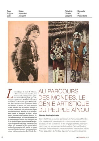 33 RUE GALILEE
75116 PARIS - 01 44 20 08 90
SEPT 14
Mensuel
Surface approx. (cm²) : 1070
N° de page : 56-57
Page 1/2
TRIBALART
6396821400506/GNK/OTO/2
Tous droits réservés à l'éditeur
Il CULTURE
Septembre marque,
après la torpeur estivale,
le début d'un nouveau
souffle culturel à Paris.
Musées et galeries
renouvellent leurs
expositions tandis que de
grandsévénements
artistiques animent
la capitale et tout
particulièrement
Saint-Germain-des-Prés.
Une sélection des plus
beaux rendez-vous de l'art
sous toutes ses formes.
PAR ANNE KÏRNER
REN
CULTURELLEQuand l'art fait vibrer Paris
Niki deSamt-Phalle
Tree of Liberty,
2000-2001.
 